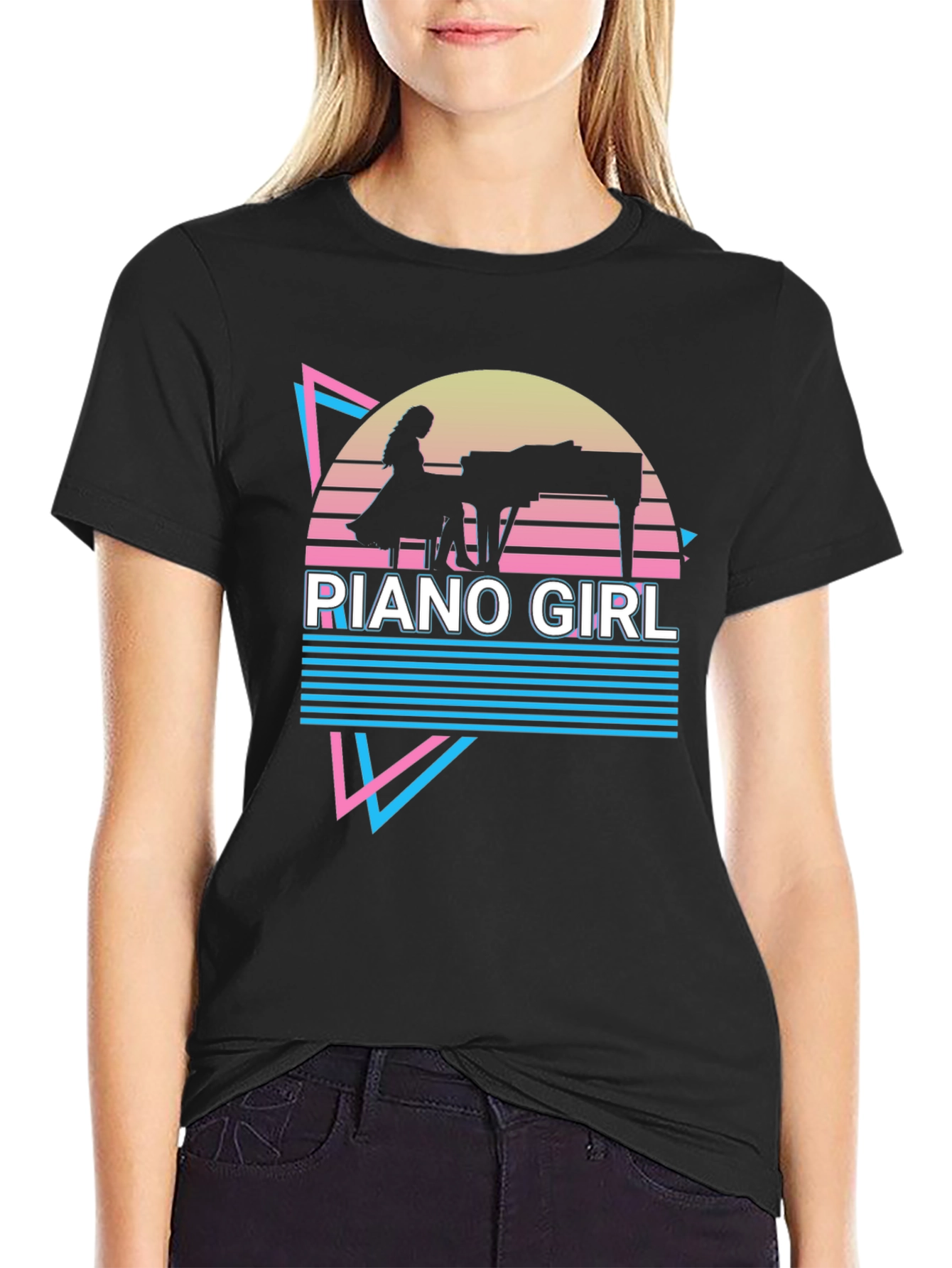 Retro Piano Girl T-Shirt - Synthwave Design