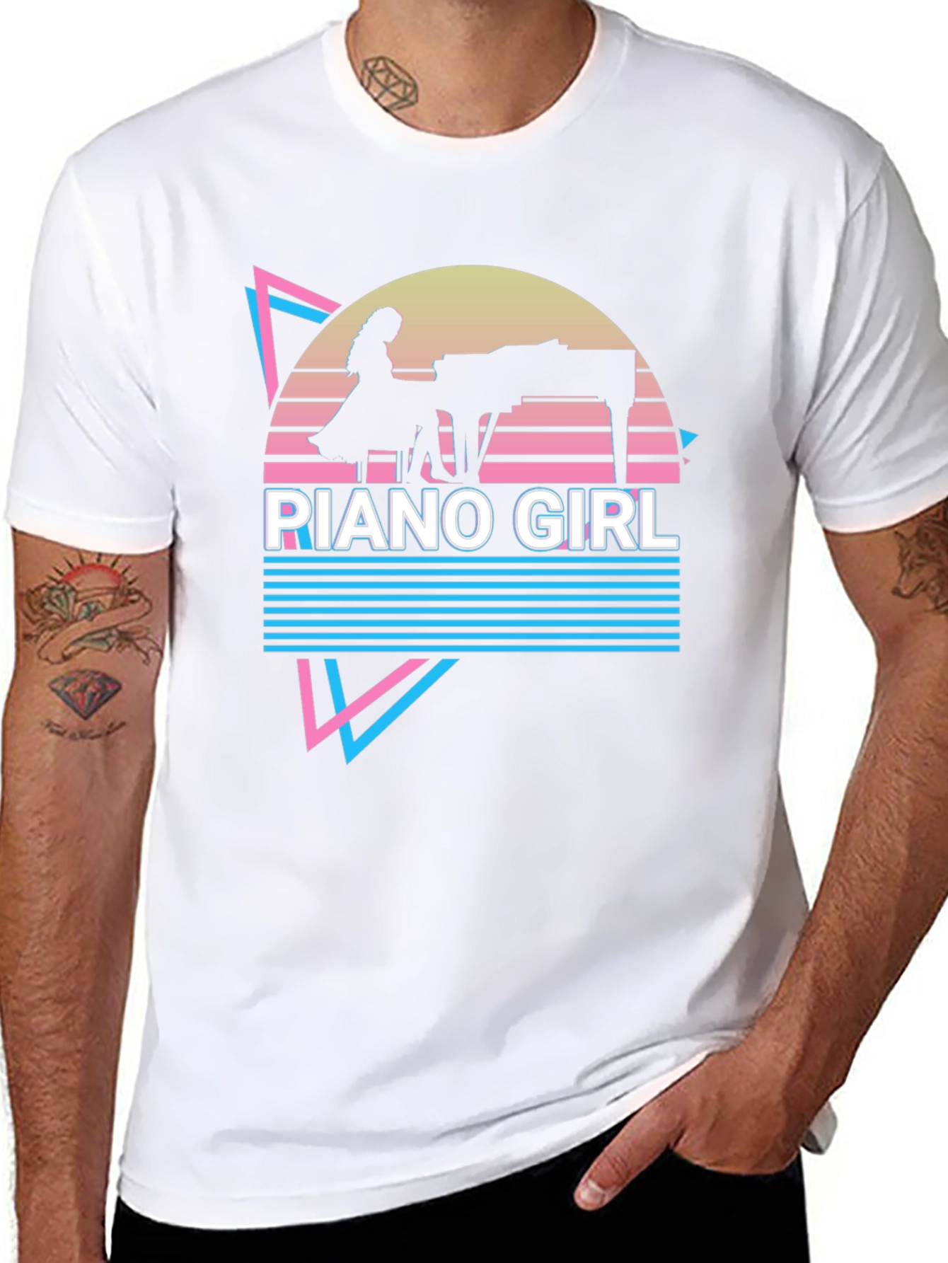 Retro Piano Girl T-Shirt - Synthwave Design