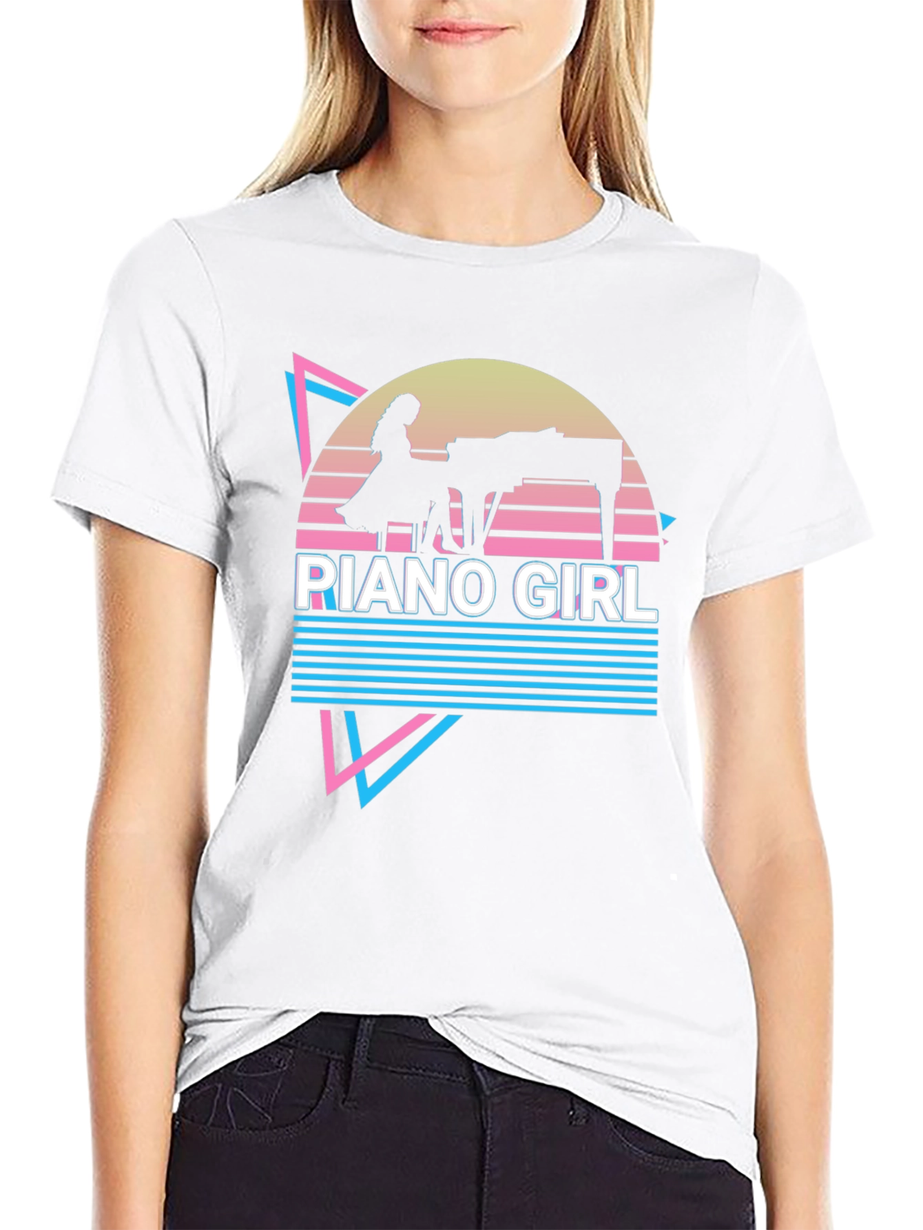 Retro Piano Girl T-Shirt - Synthwave Design