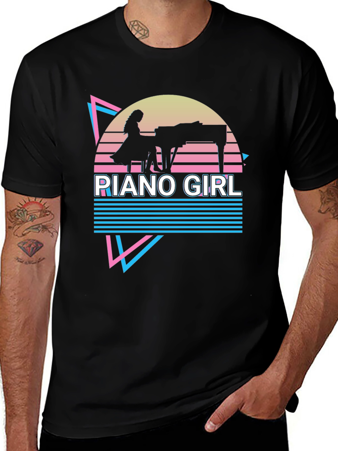 Retro Piano Girl T-Shirt - Synthwave Design