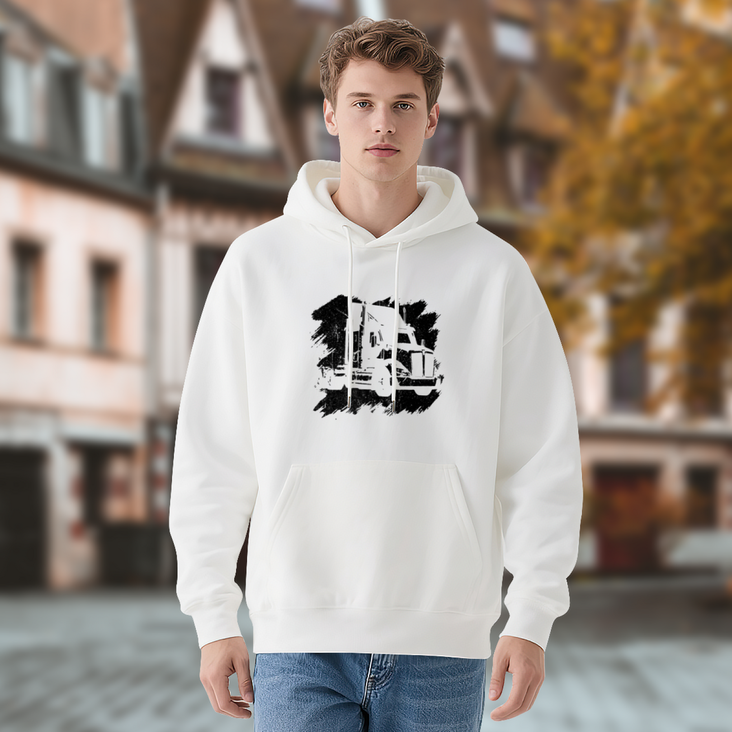 Vintage Big Rig Truck Sketch White Hoodie, Cozy Casual Men¡¯s Street Pullover