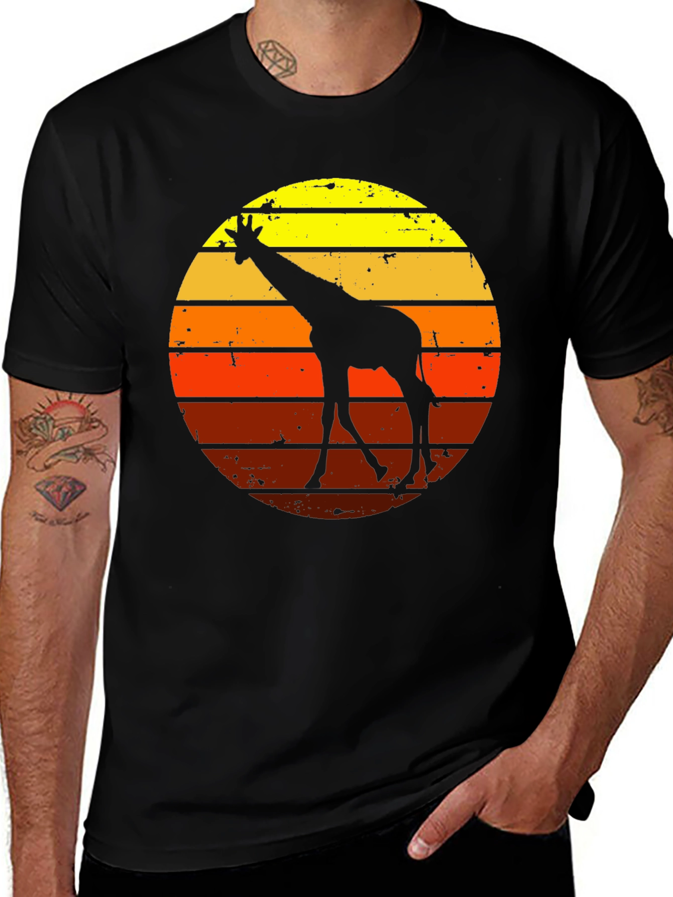 Retro Giraffe Sunset Graphic Tee - Black