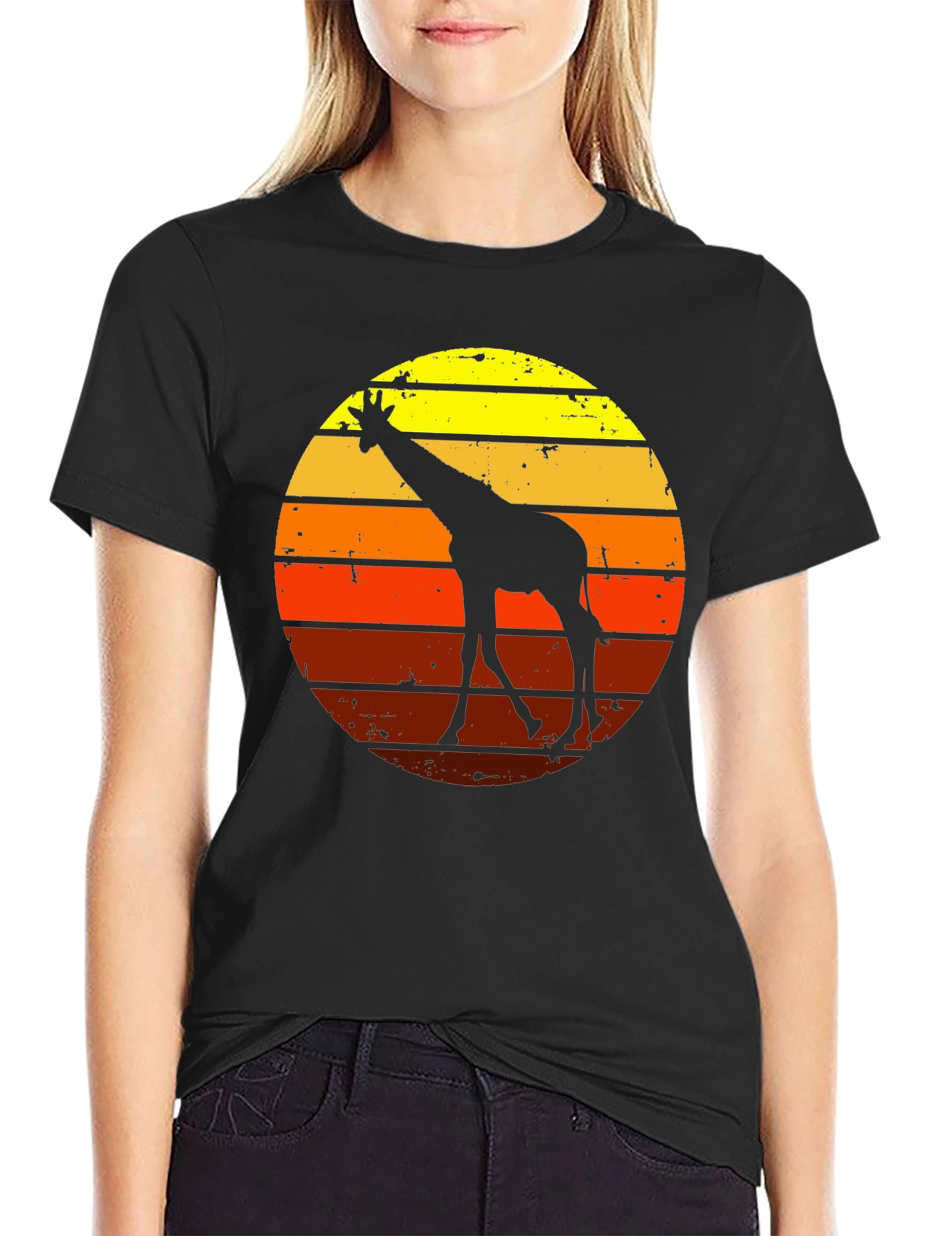 Retro Giraffe Sunset Graphic Tee - Black