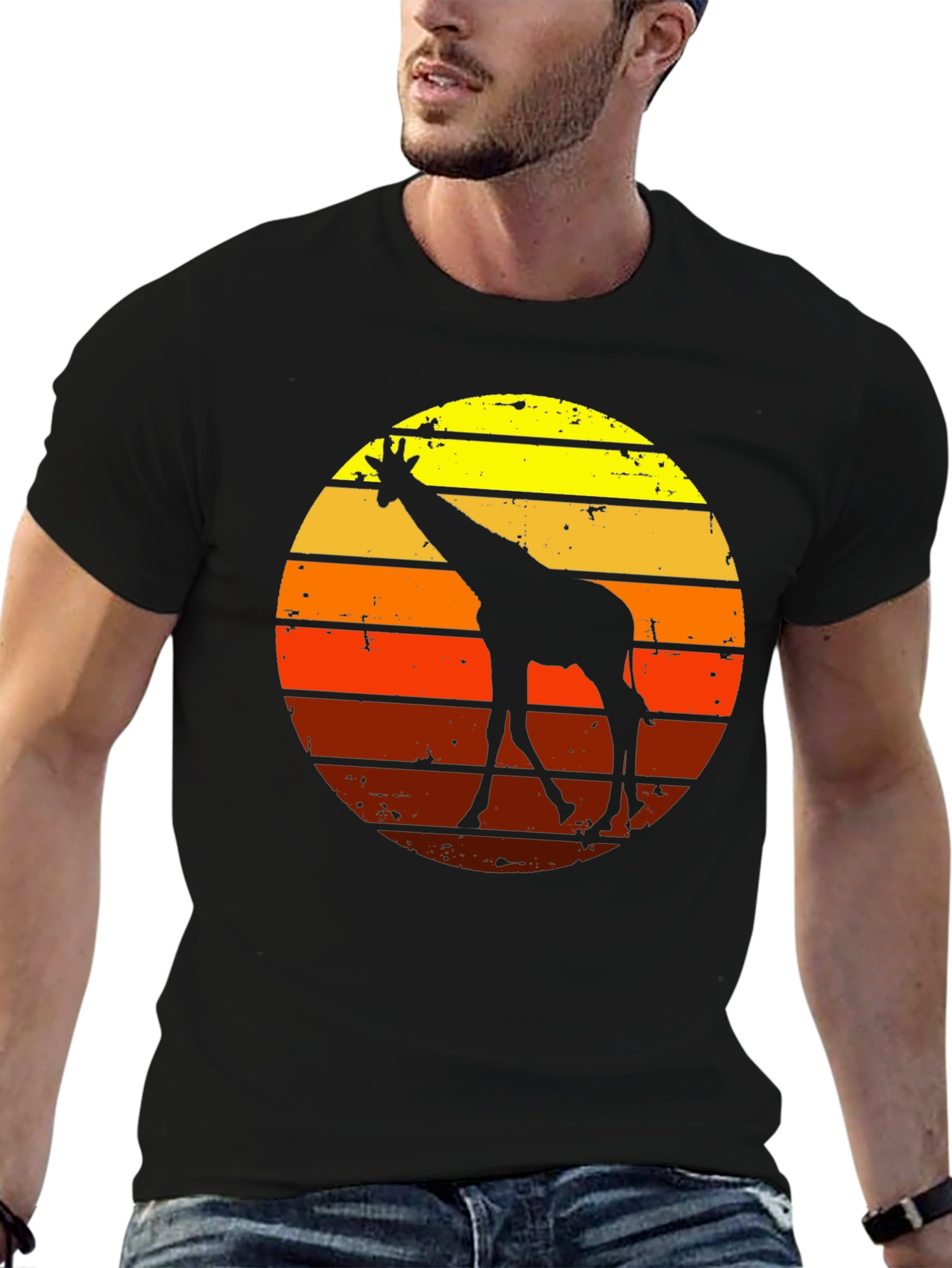 Retro Giraffe Sunset Graphic Tee - Black