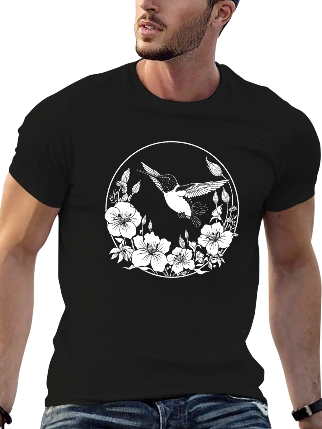 Hummingbird Floral Graphic Black T-Shirt