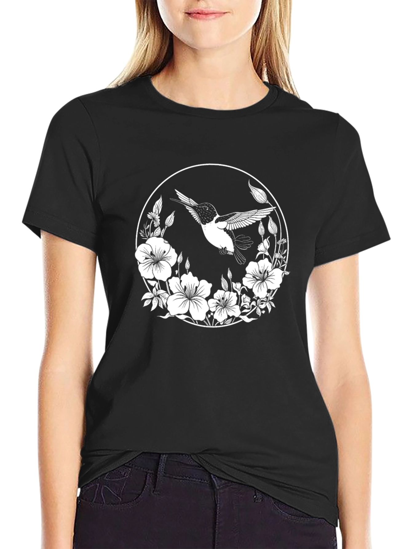 Hummingbird Floral Graphic Black T-Shirt