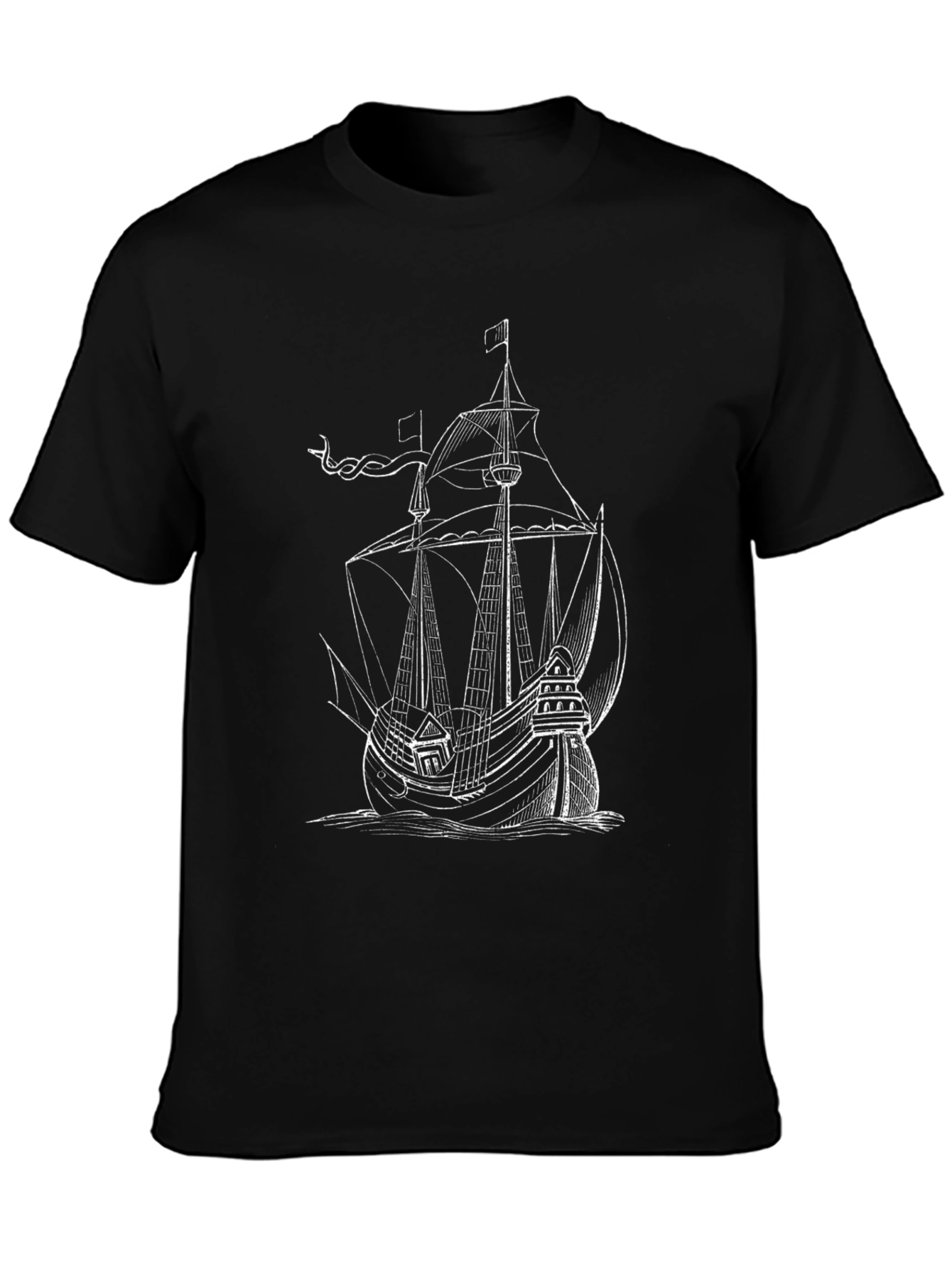 Nautical Ship Graphic Tee - Black Cotton Blend