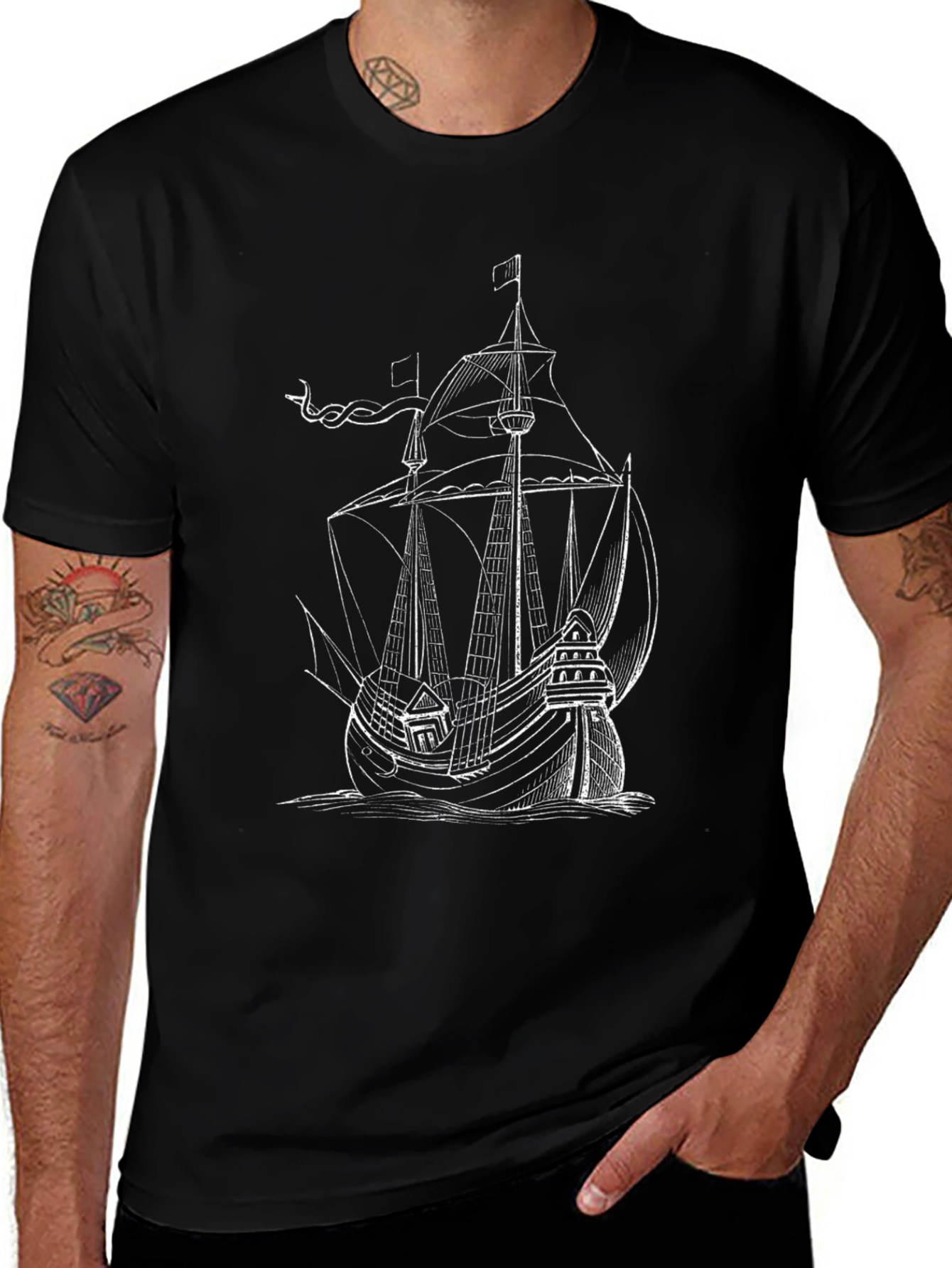 Nautical Ship Graphic Tee - Black Cotton Blend