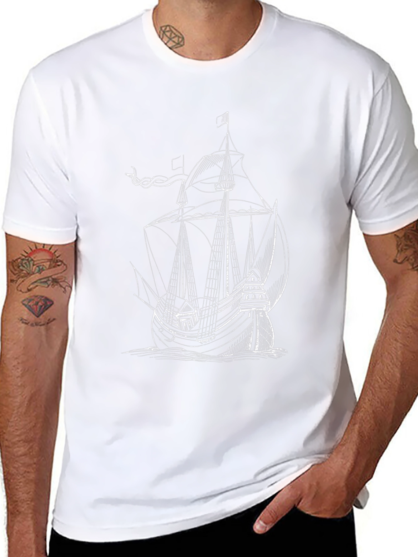 Nautical Ship Graphic Tee - Black Cotton Blend
