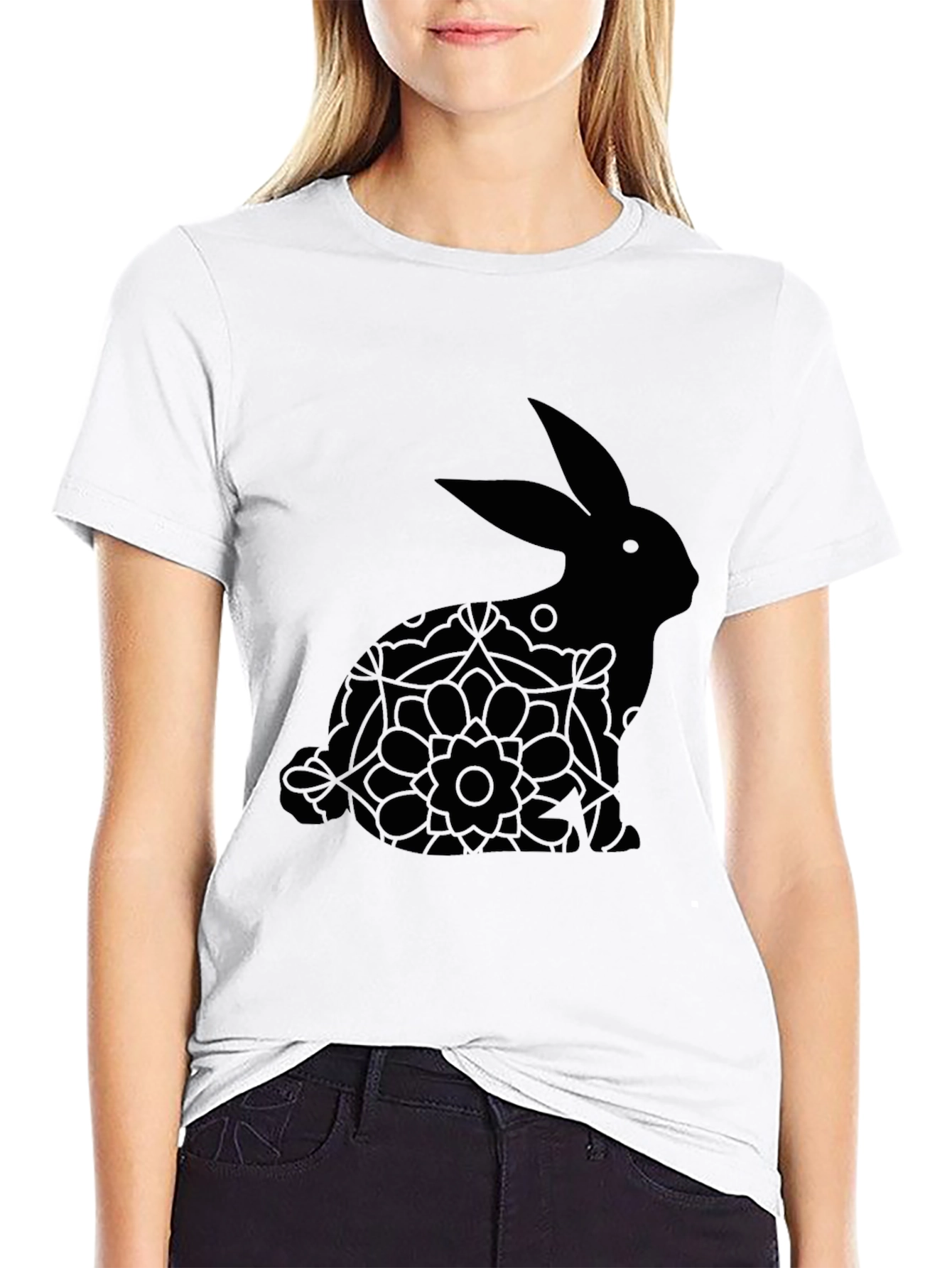 Black Easter Bunny Floral T-Shirt