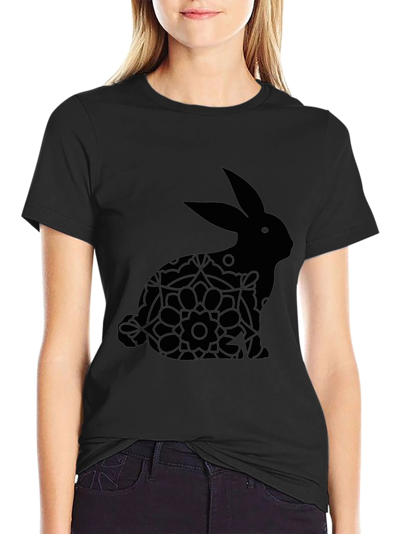 Black Easter Bunny Floral T-Shirt