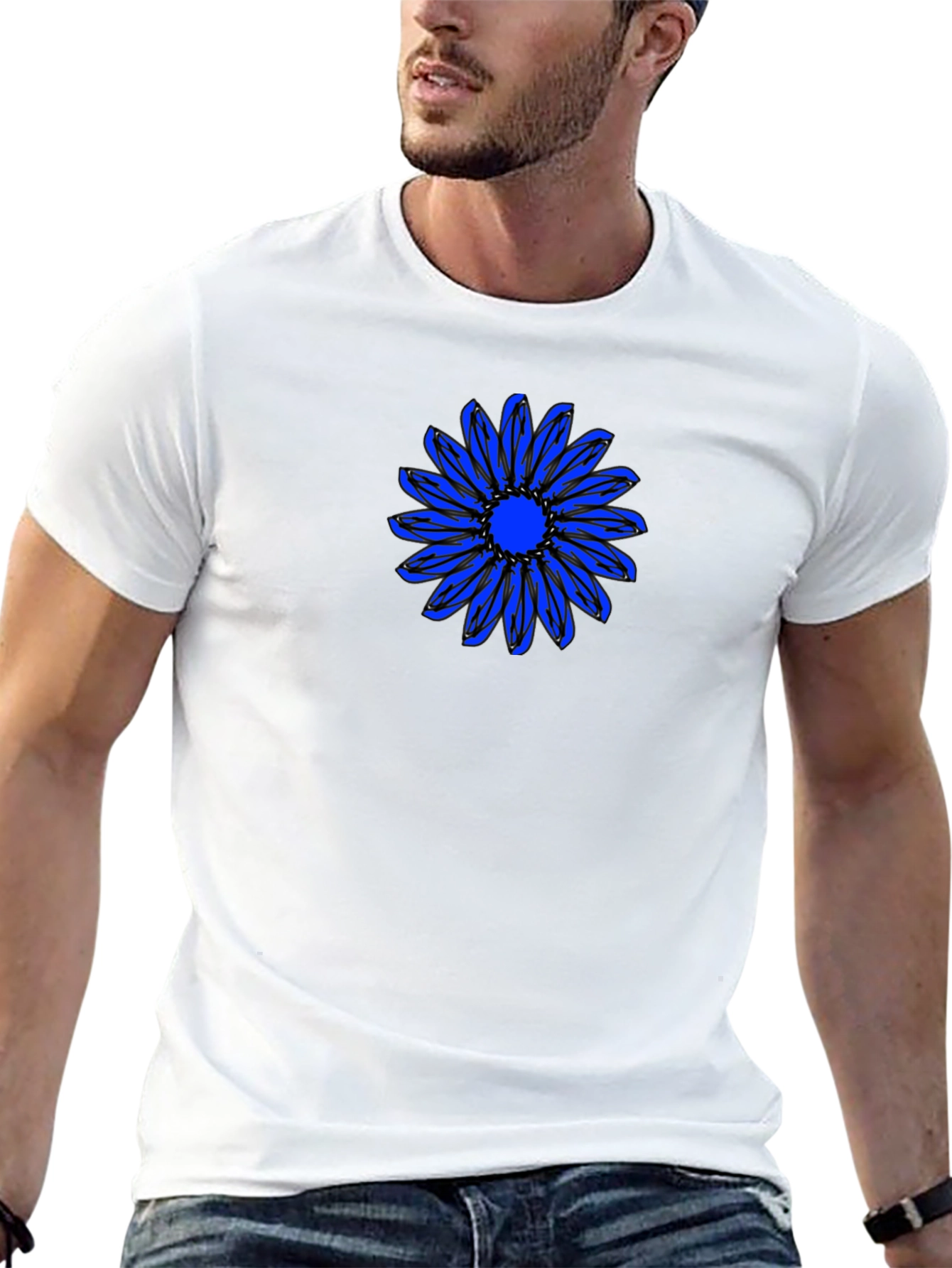 Black T-Shirt with Blue Daisy Graphic