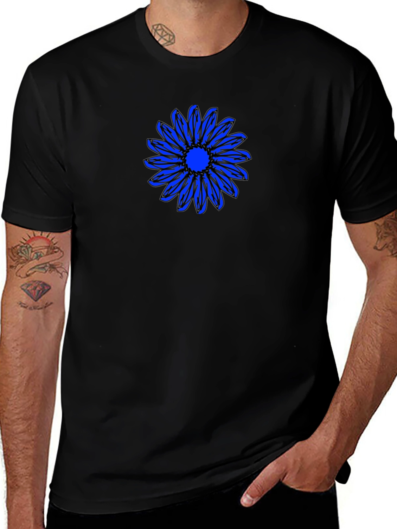 Black T-Shirt with Blue Daisy Graphic