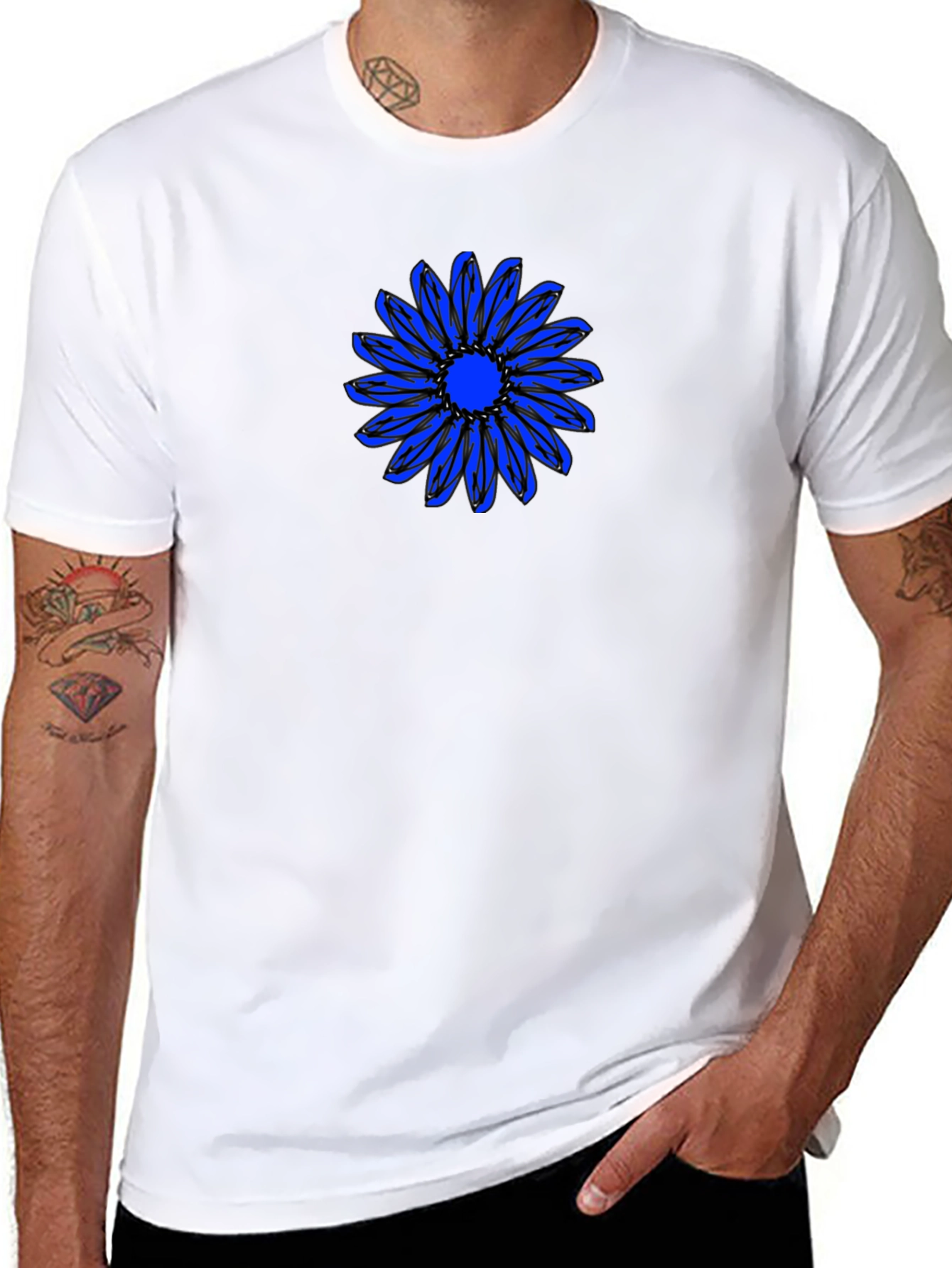 Black T-Shirt with Blue Daisy Graphic