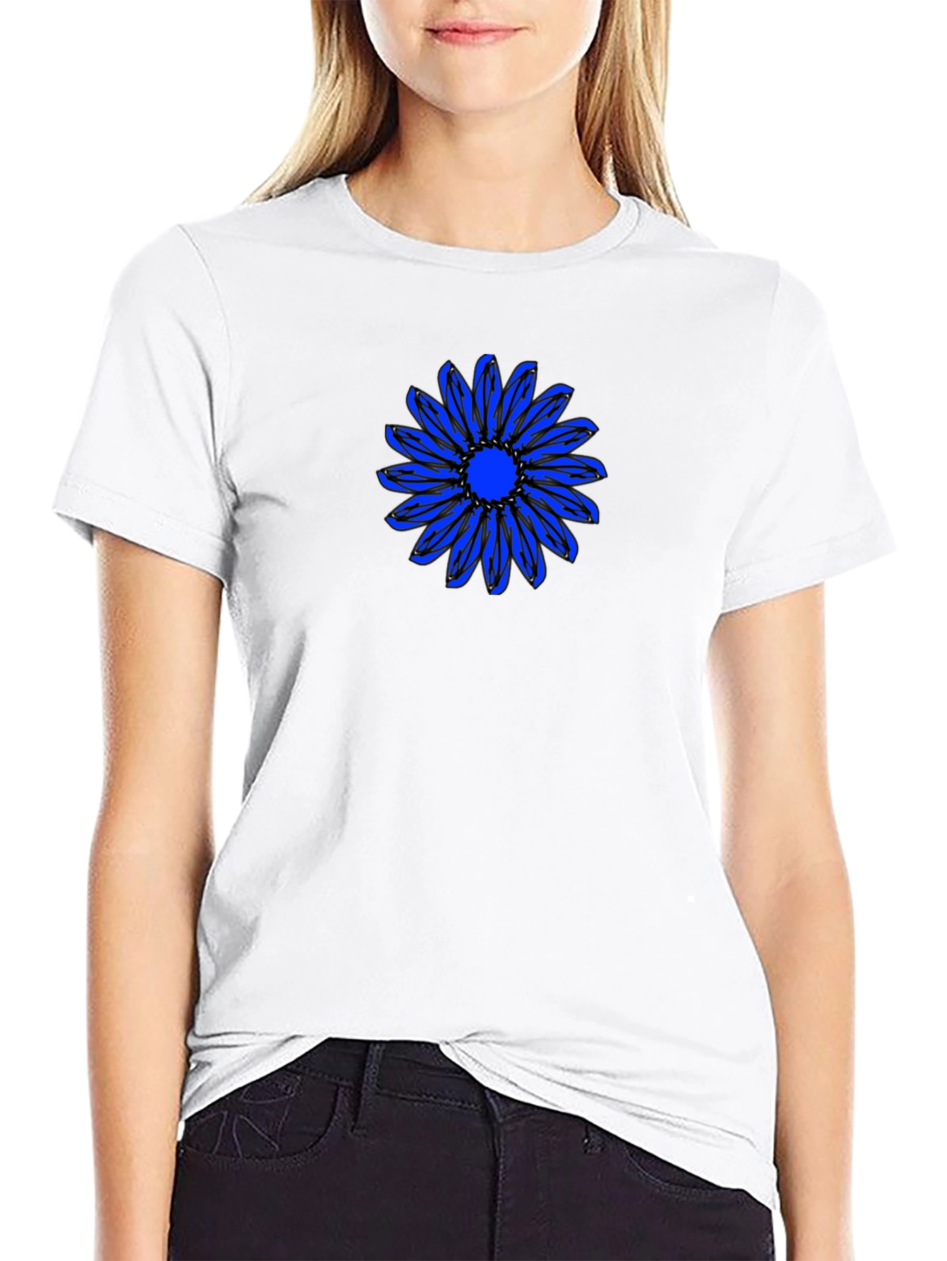Black T-Shirt with Blue Daisy Graphic