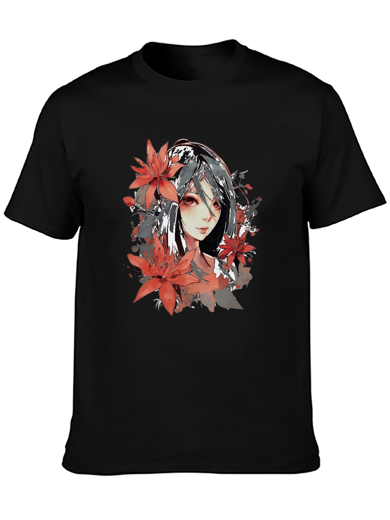 Anime Girl Floral Graphic Black T-Shirt