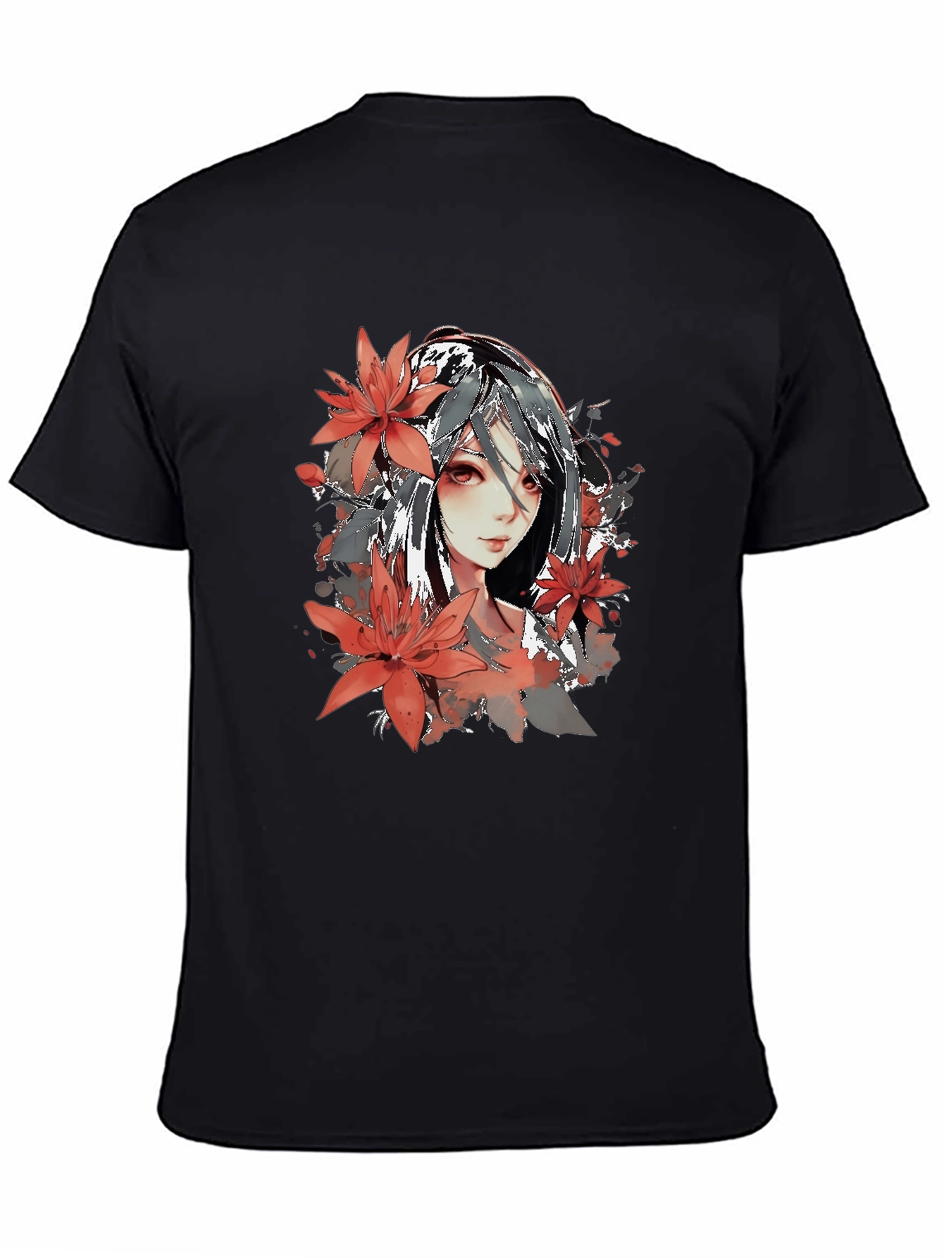 Anime Girl Floral Graphic Black T-Shirt