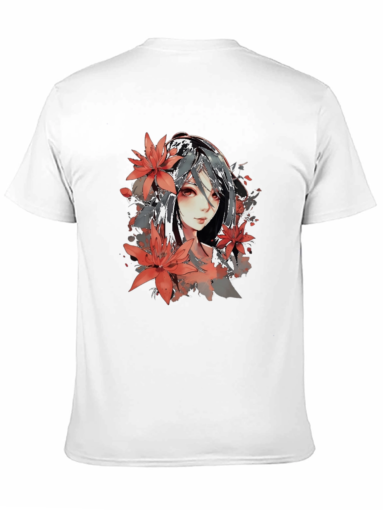 Anime Girl Floral Graphic Black T-Shirt