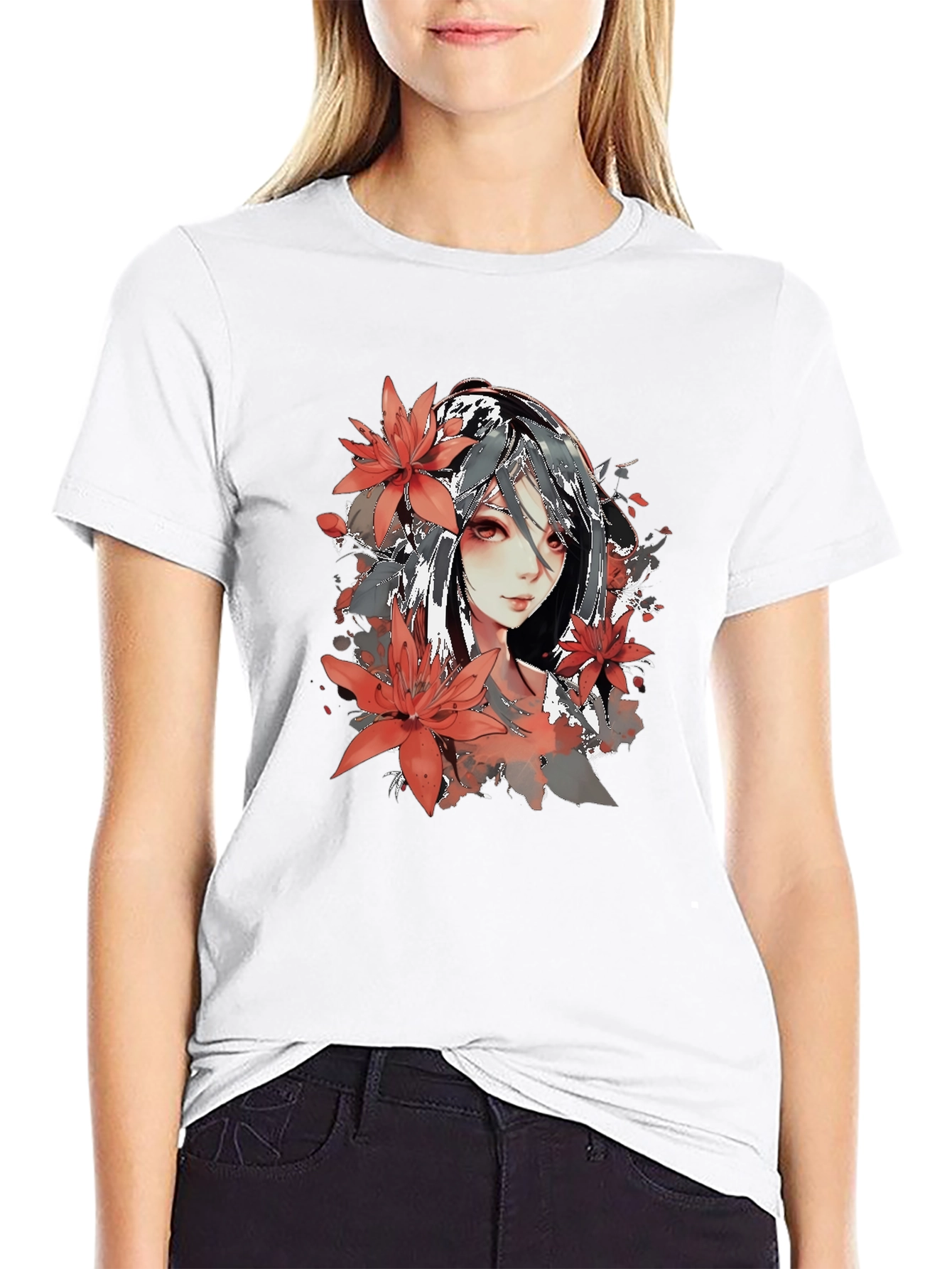 Anime Girl Floral Graphic Black T-Shirt