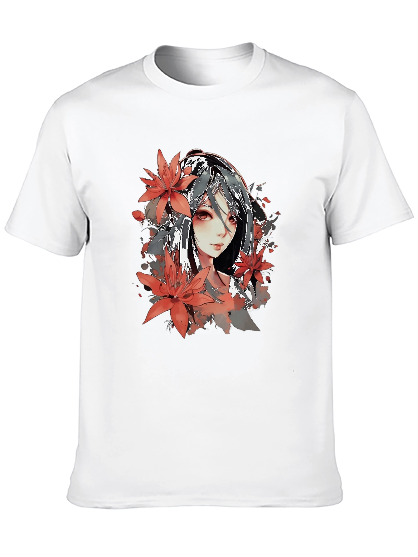 Anime Girl Floral Graphic Black T-Shirt