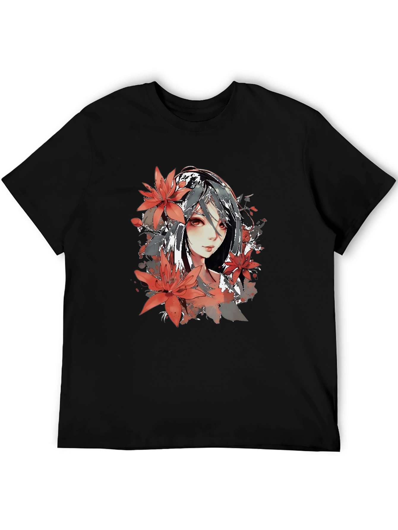 Anime Girl Floral Graphic Black T-Shirt