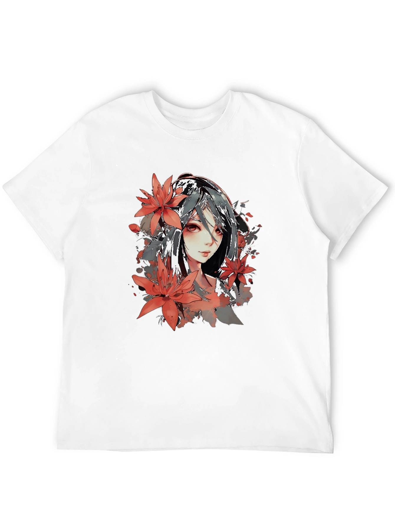 Anime Girl Floral Graphic Black T-Shirt