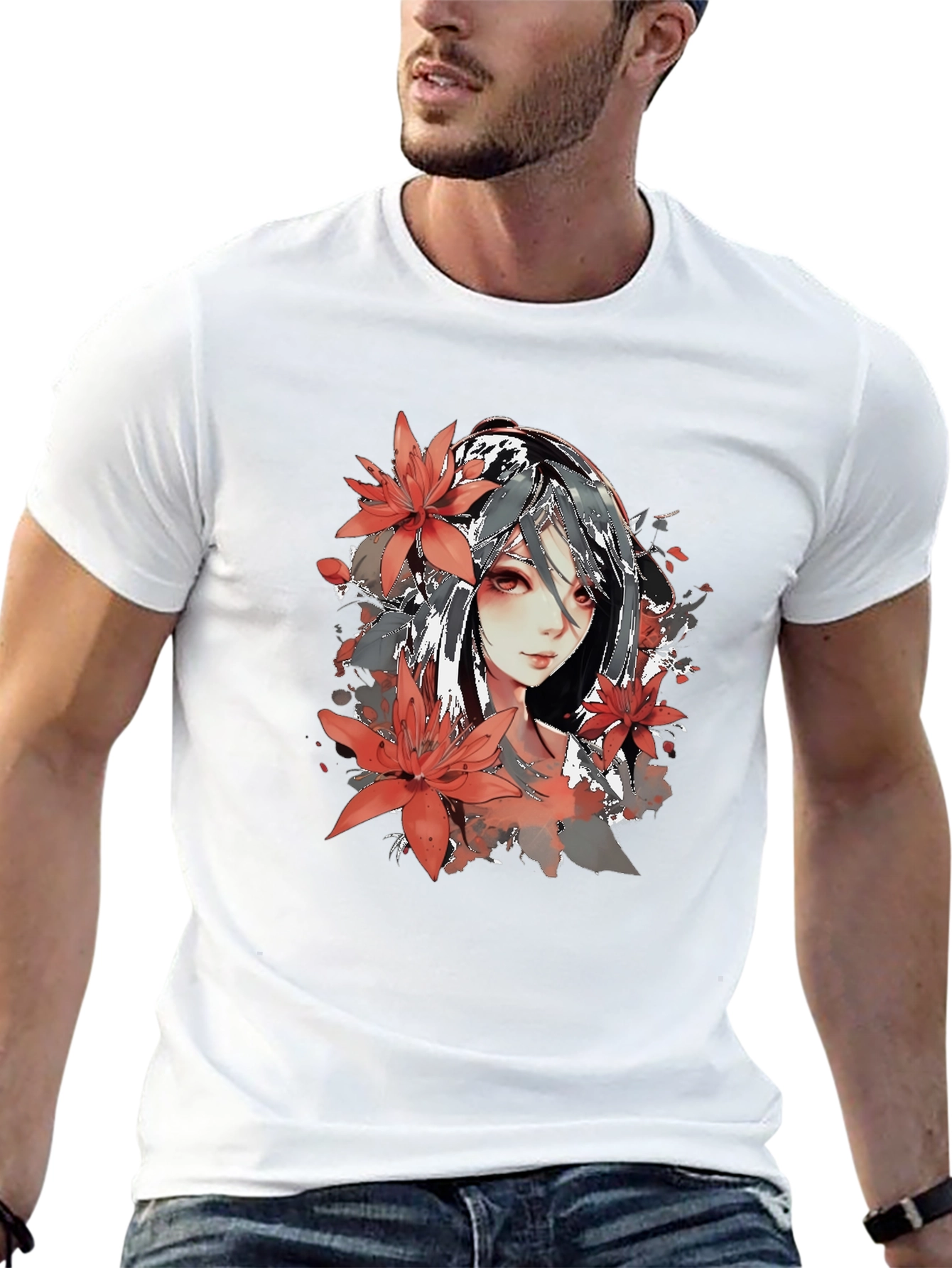 Anime Girl Floral Graphic Black T-Shirt