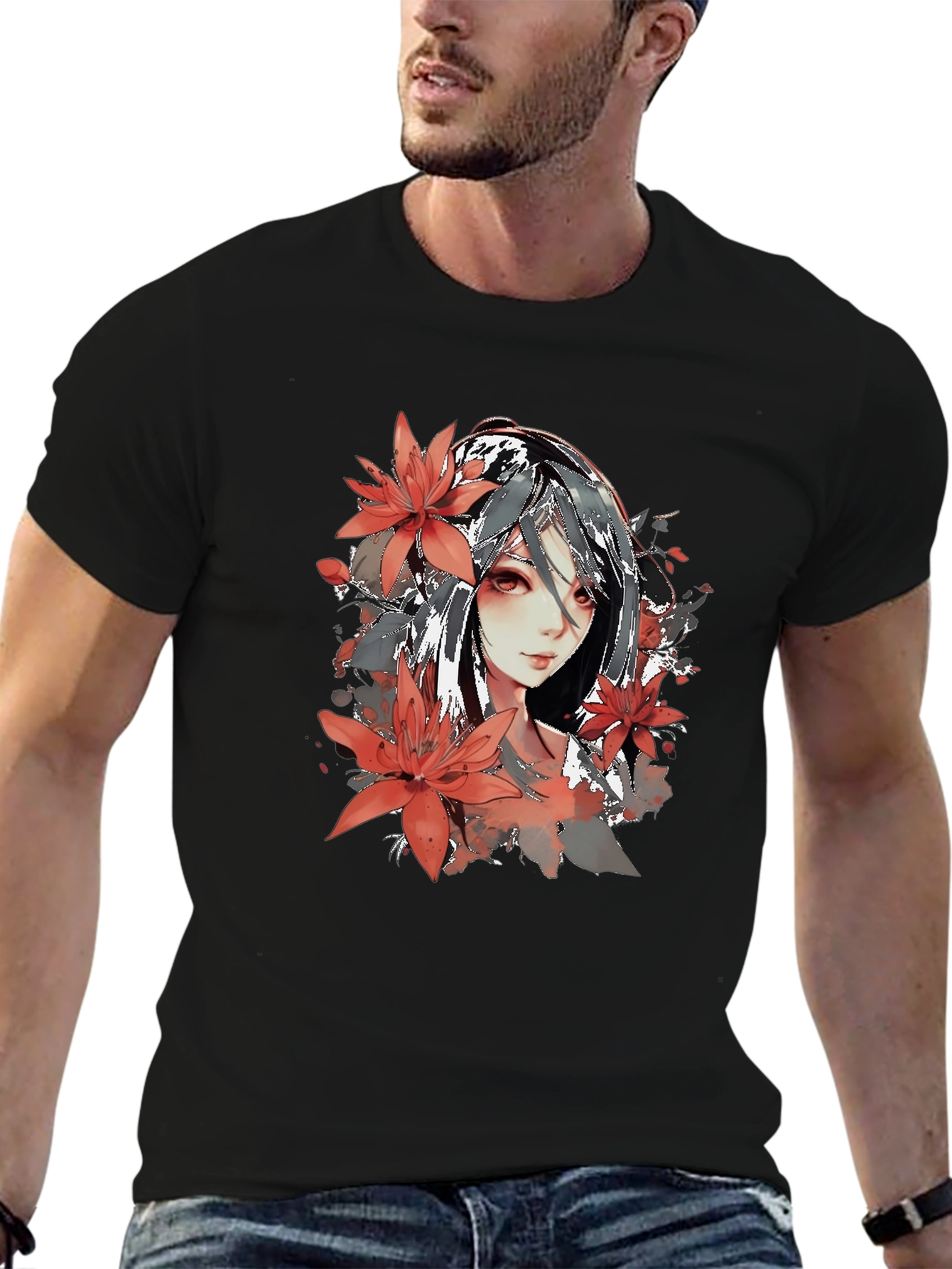 Anime Girl Floral Graphic Black T-Shirt