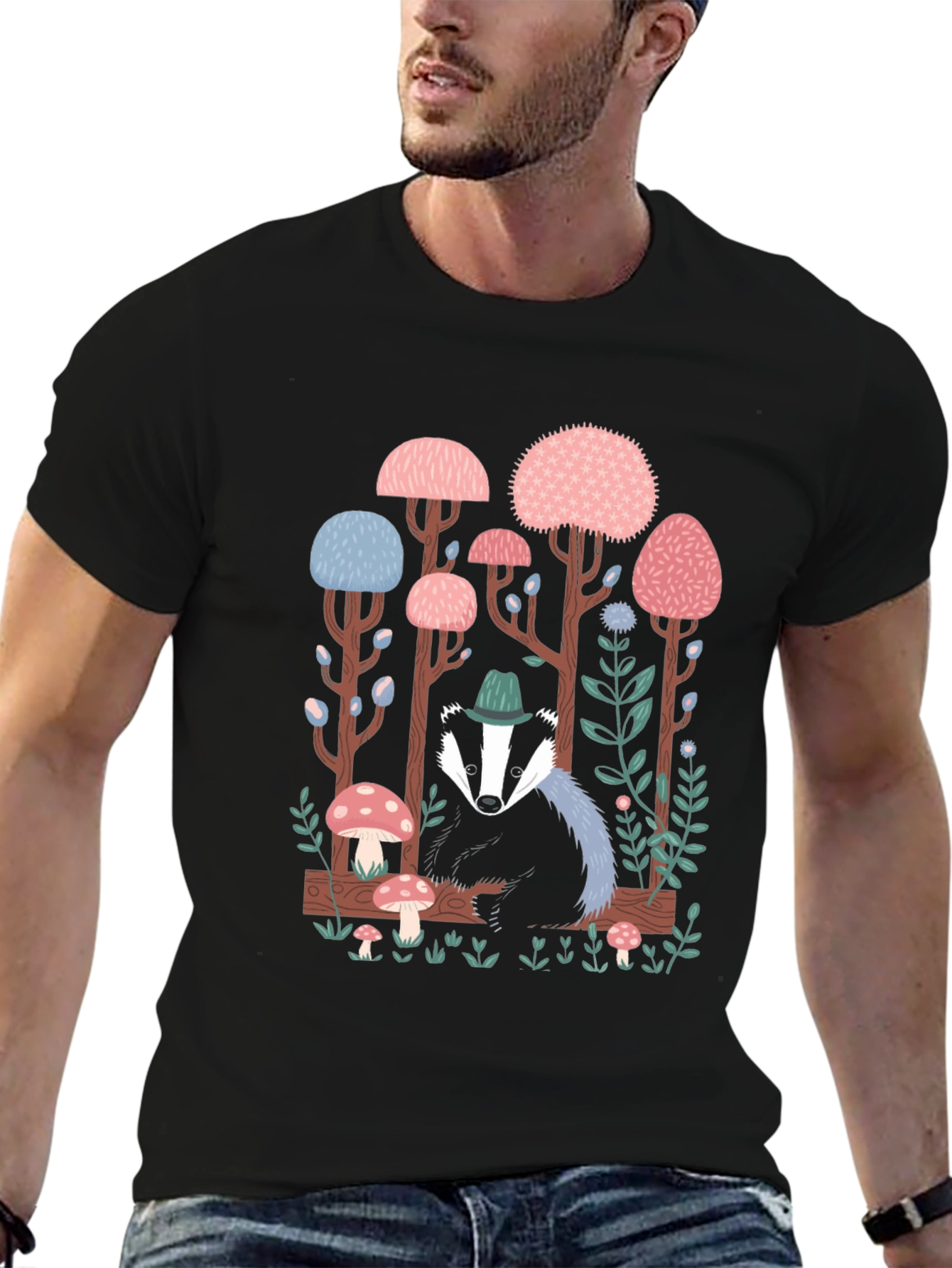 Whimsical Badger Forest Graphic Tee