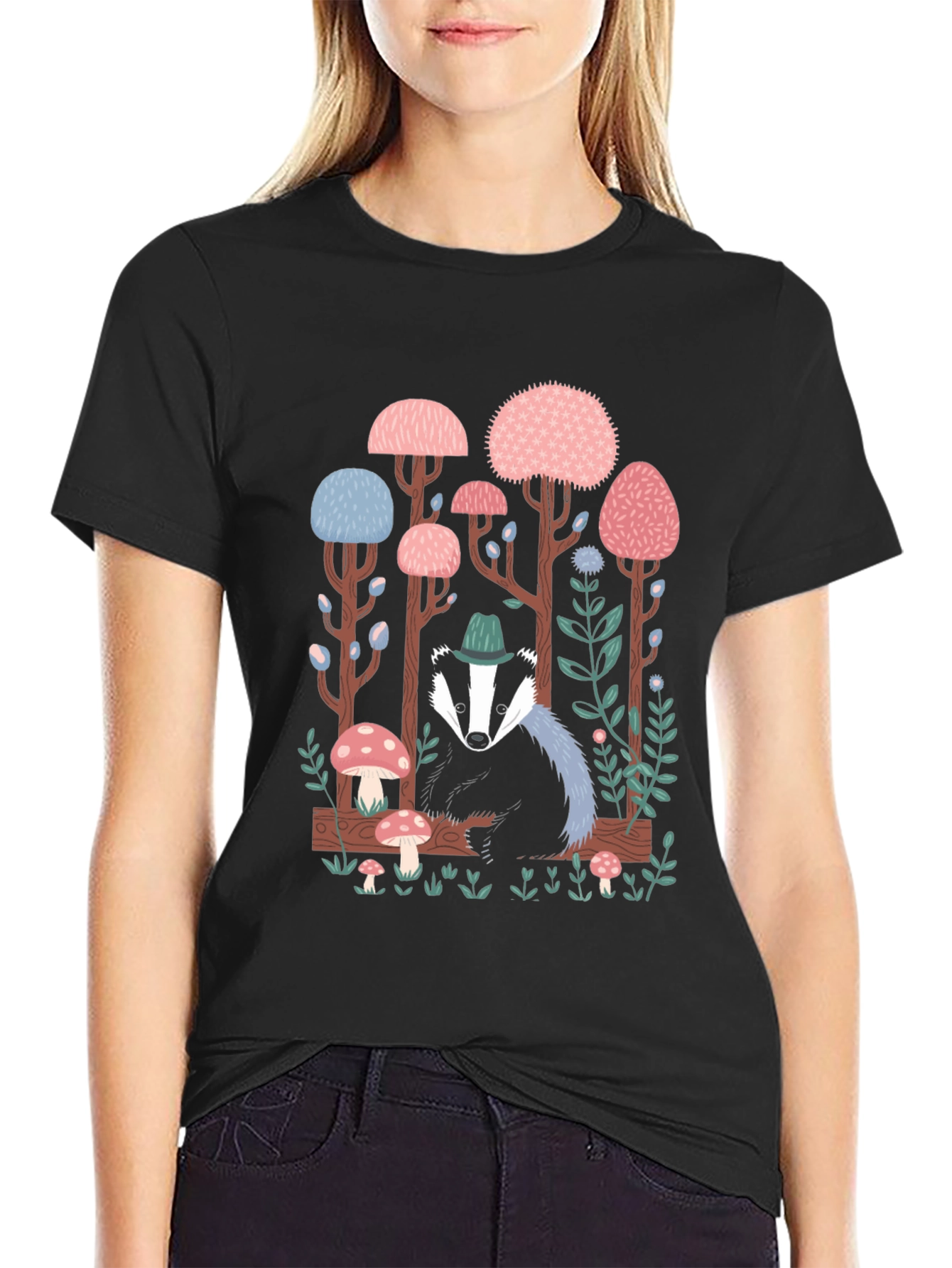 Whimsical Badger Forest Graphic Tee