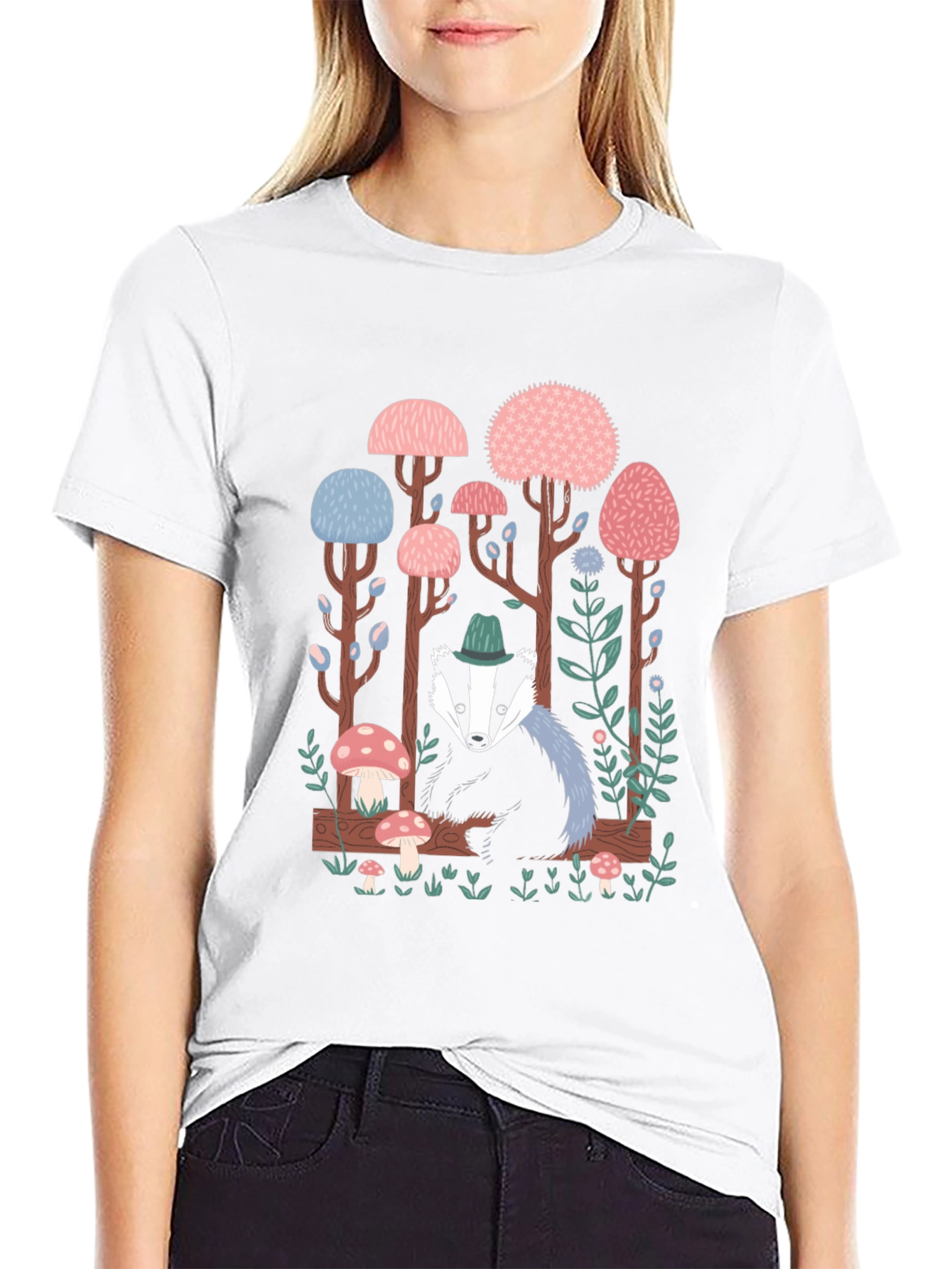 Whimsical Badger Forest Graphic Tee