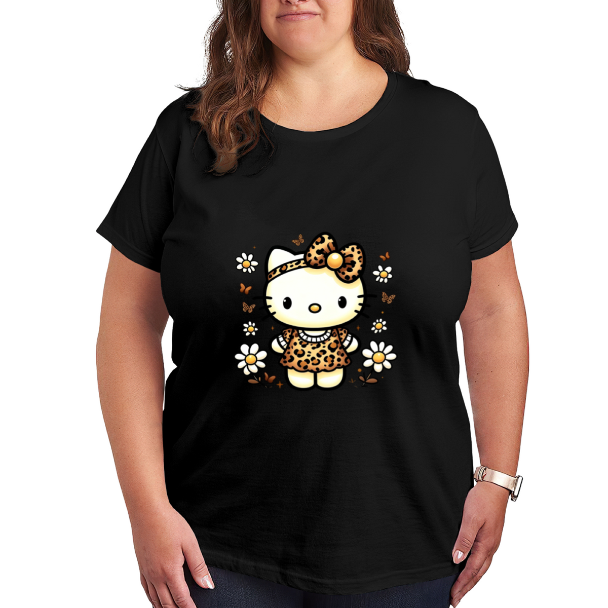 Leopard?Style Hello Kitty Daisy Floral Plus?Size White Tee