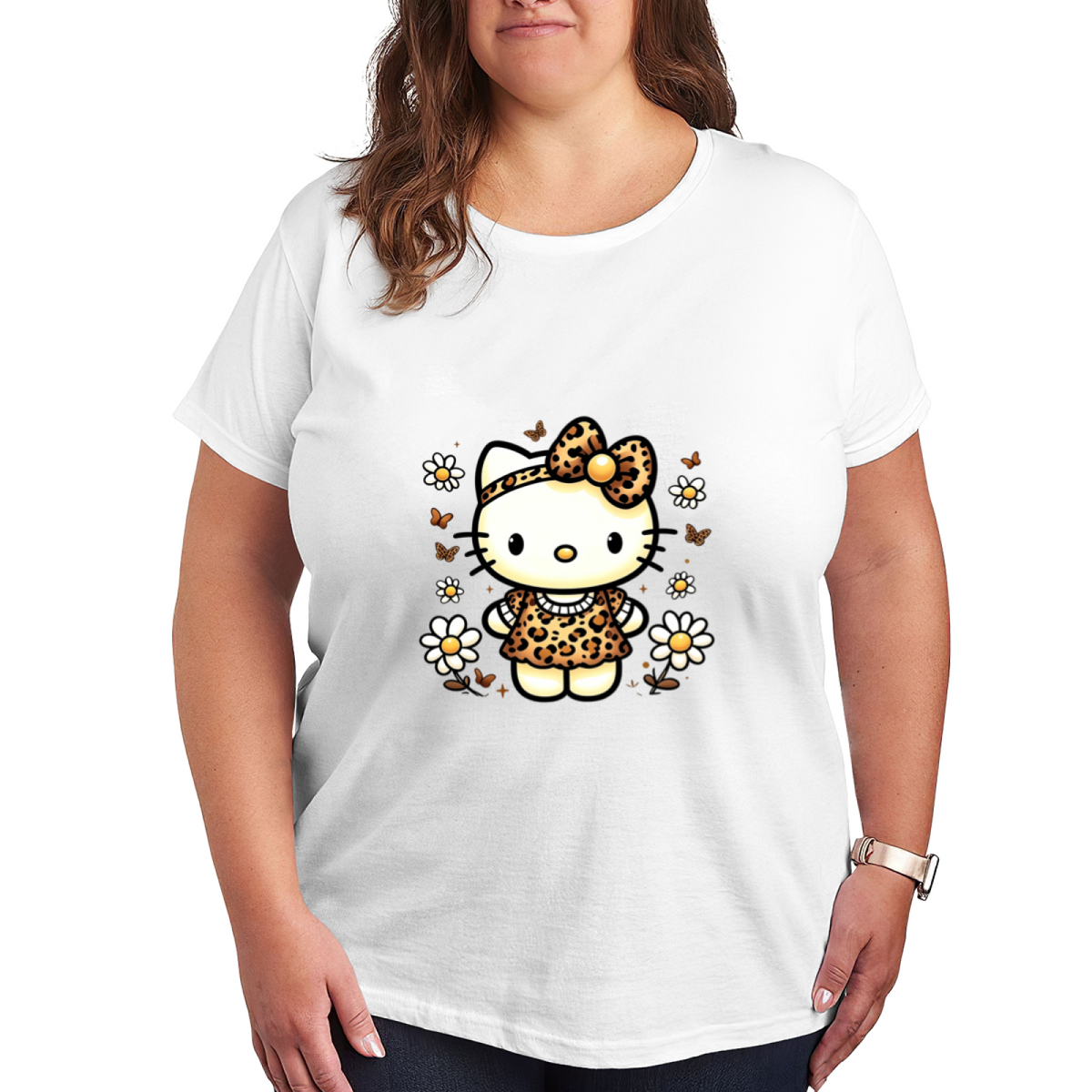 Leopard?Style Hello Kitty Daisy Floral Plus?Size White Tee