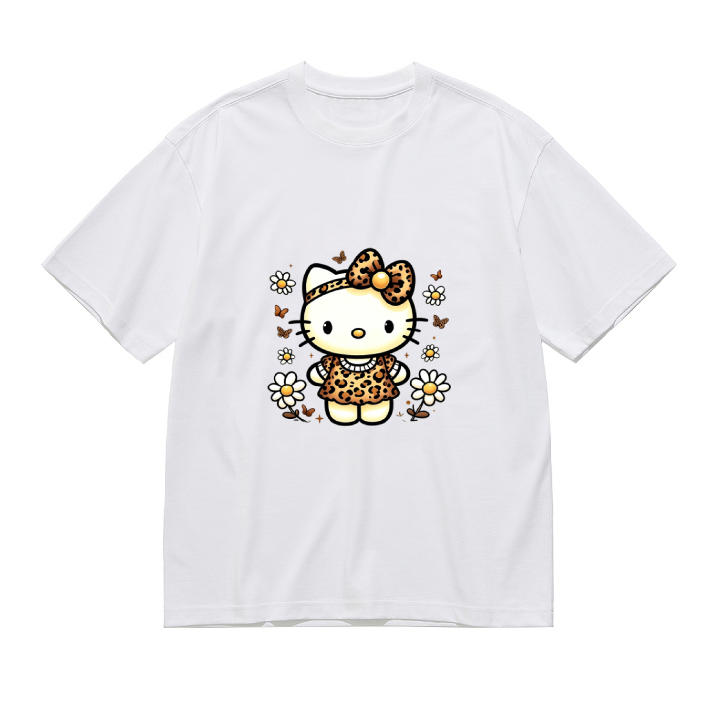 Leopard?Style Hello Kitty Daisy Floral Plus?Size White Tee