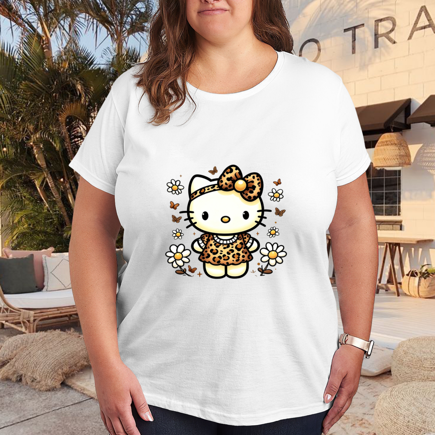 Leopard?Style Hello Kitty Daisy Floral Plus?Size White Tee