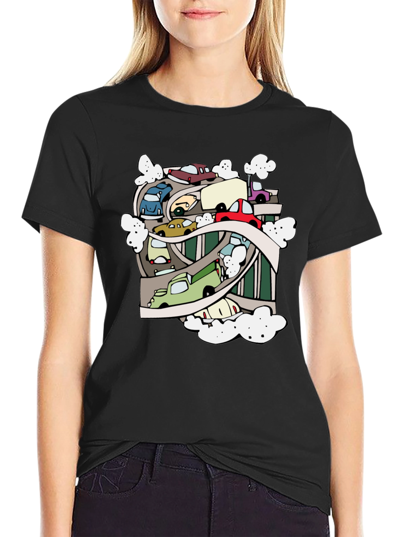Cartoon Cars Highway Black T-Shirt