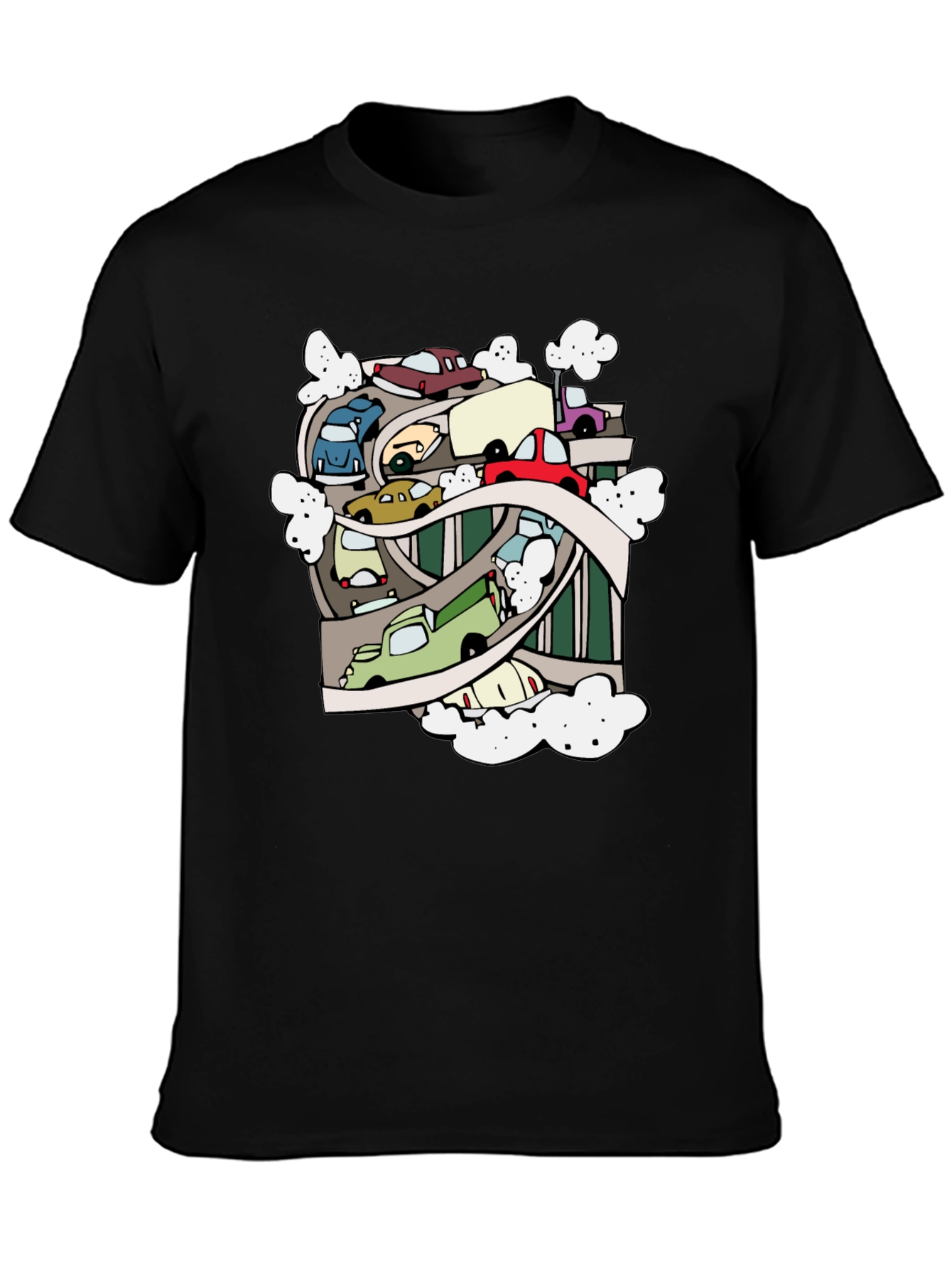 Cartoon Cars Highway Black T-Shirt