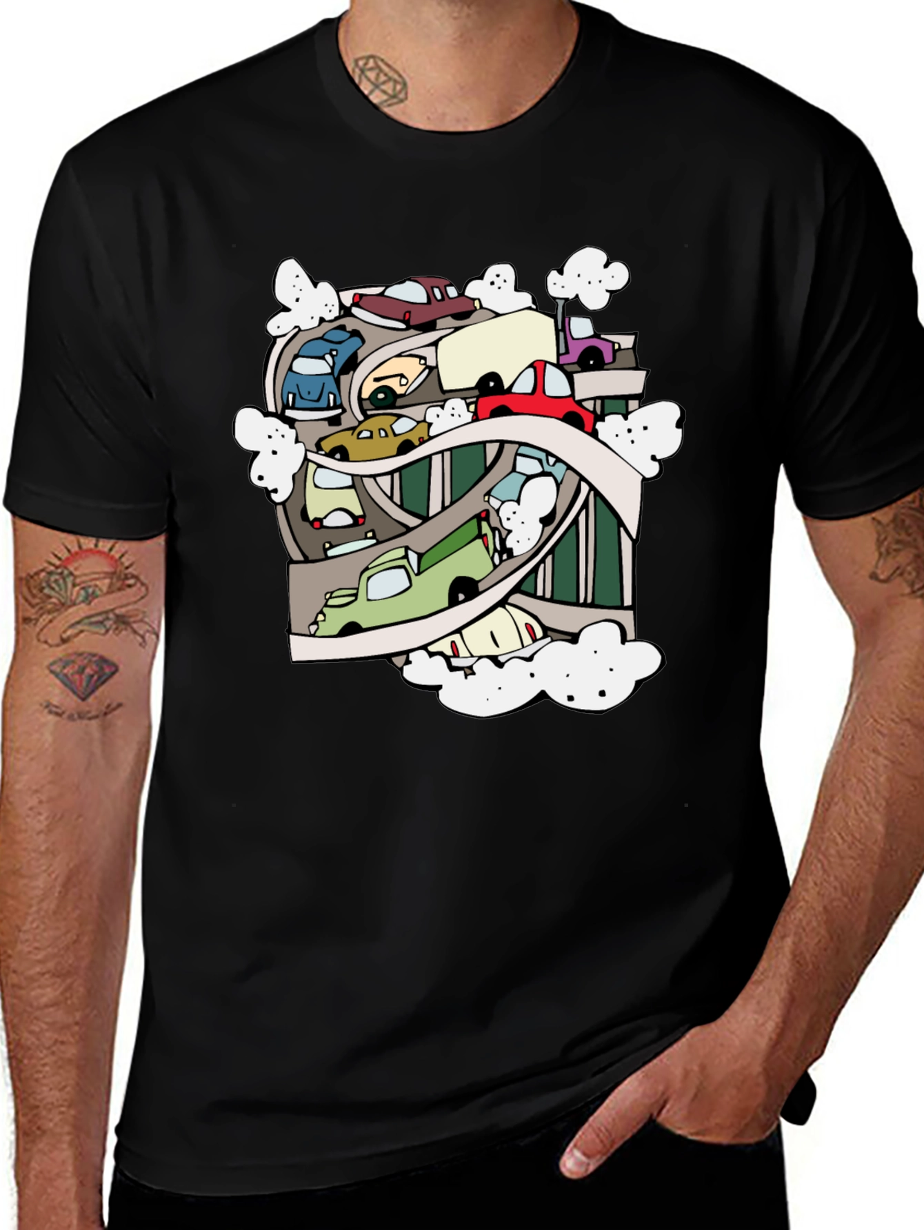 Cartoon Cars Highway Black T-Shirt