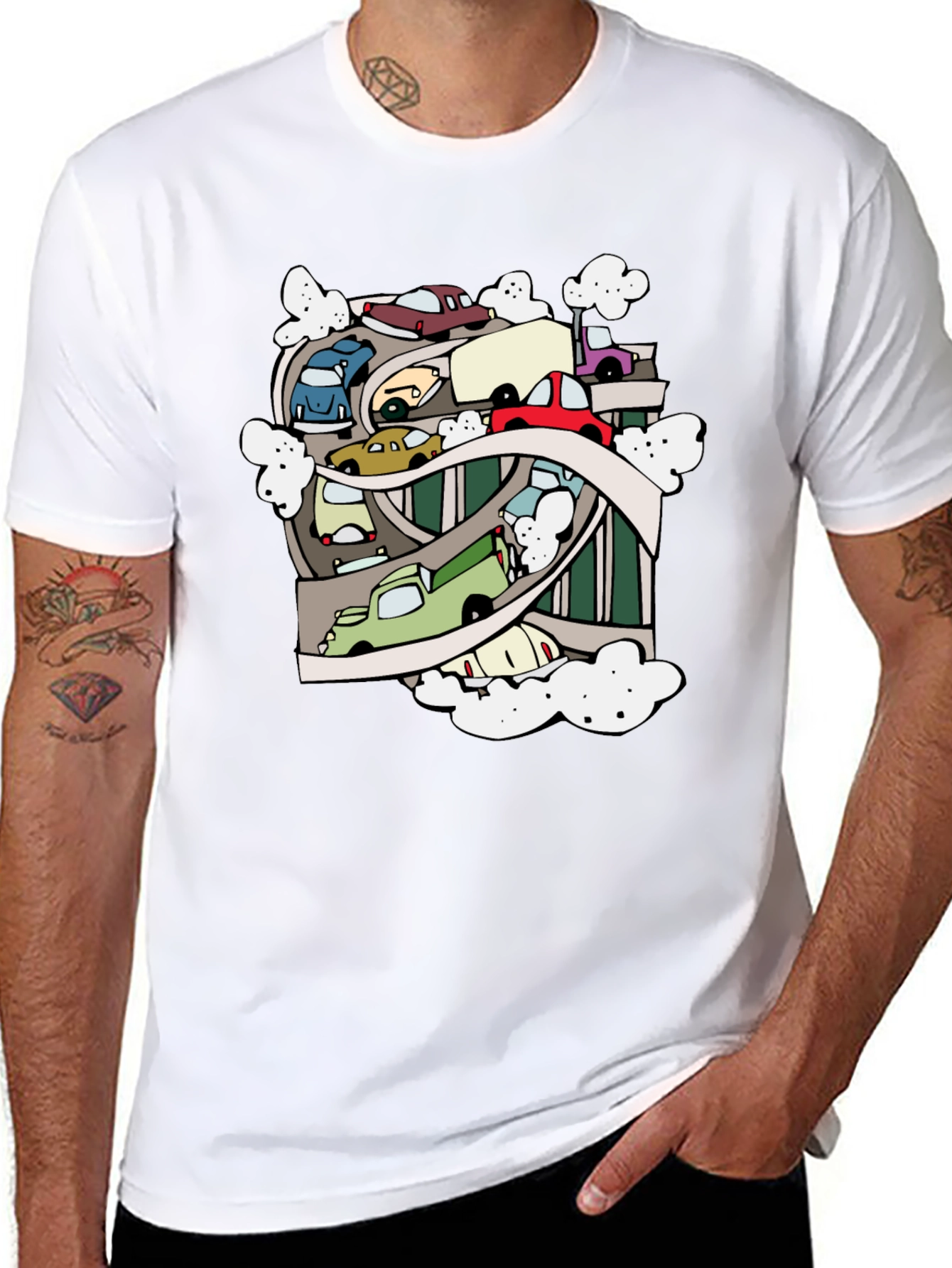 Cartoon Cars Highway Black T-Shirt
