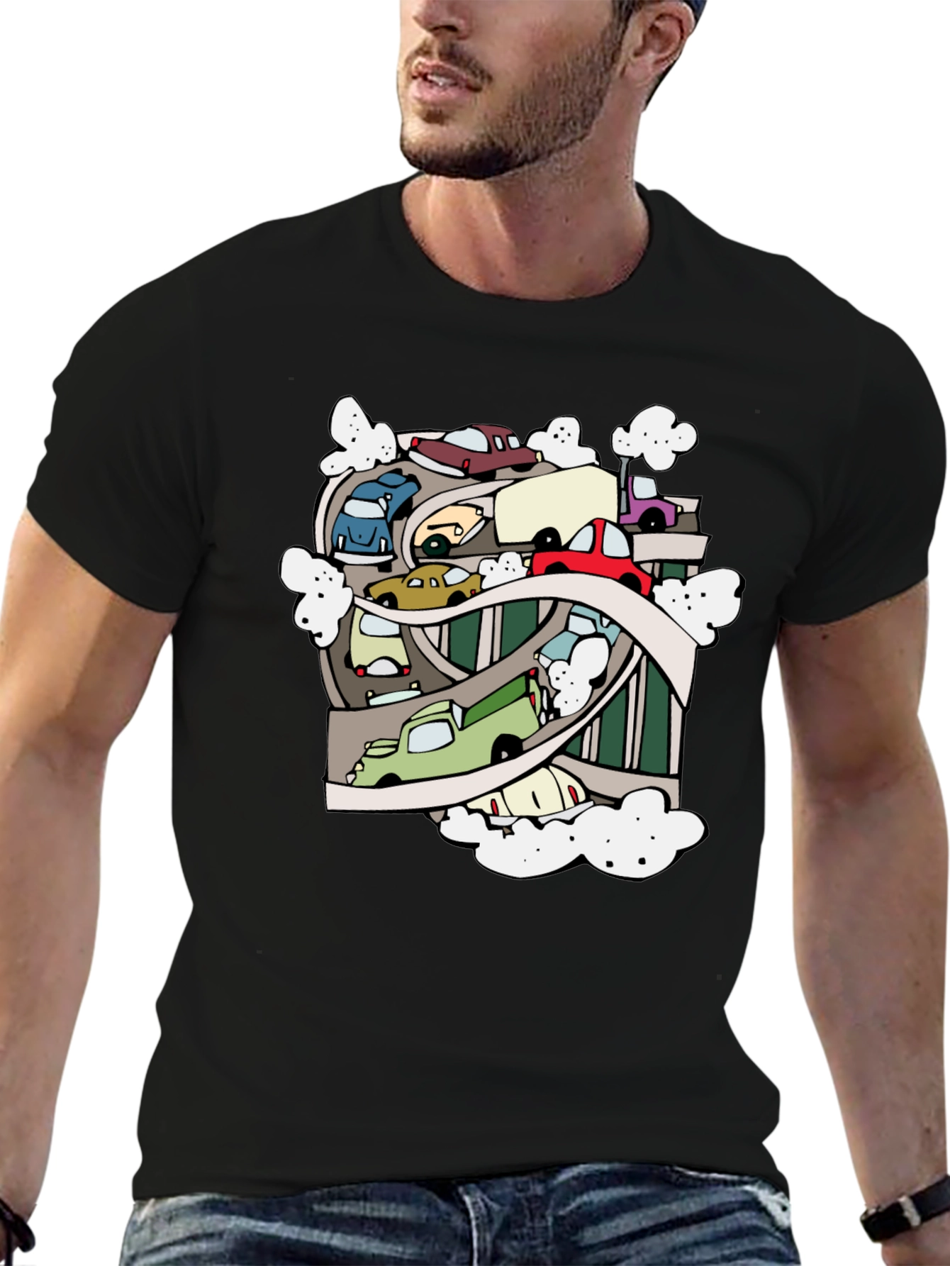 Cartoon Cars Highway Black T-Shirt