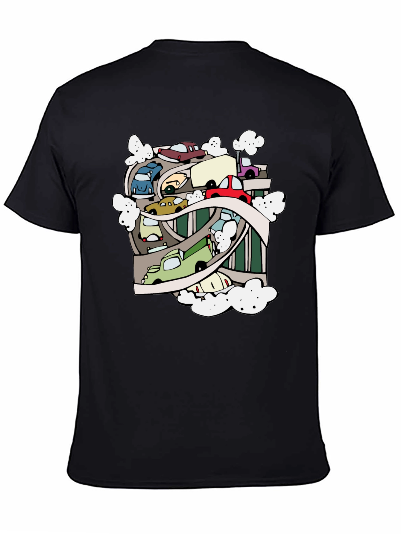 Cartoon Cars Highway Black T-Shirt