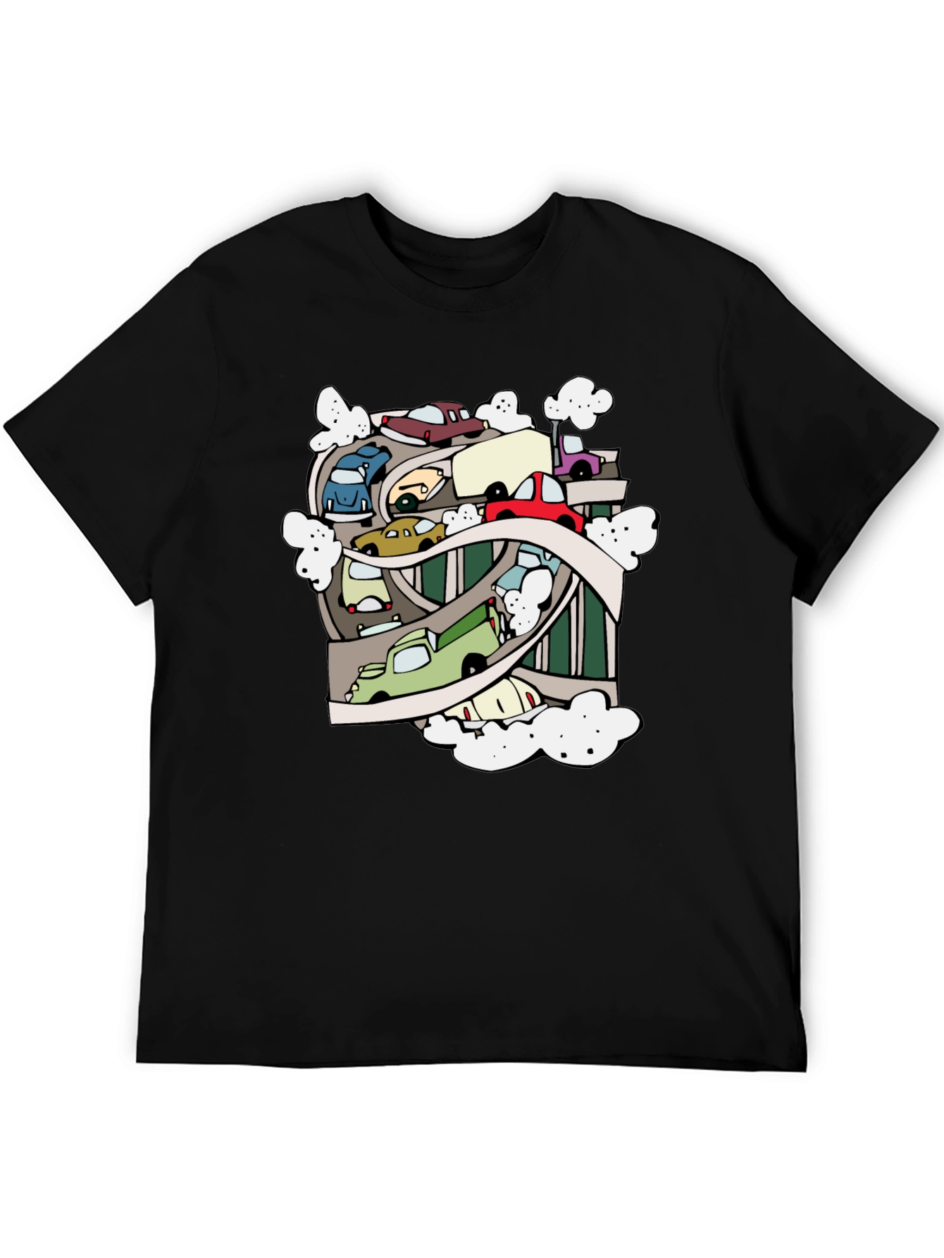 Cartoon Cars Highway Black T-Shirt