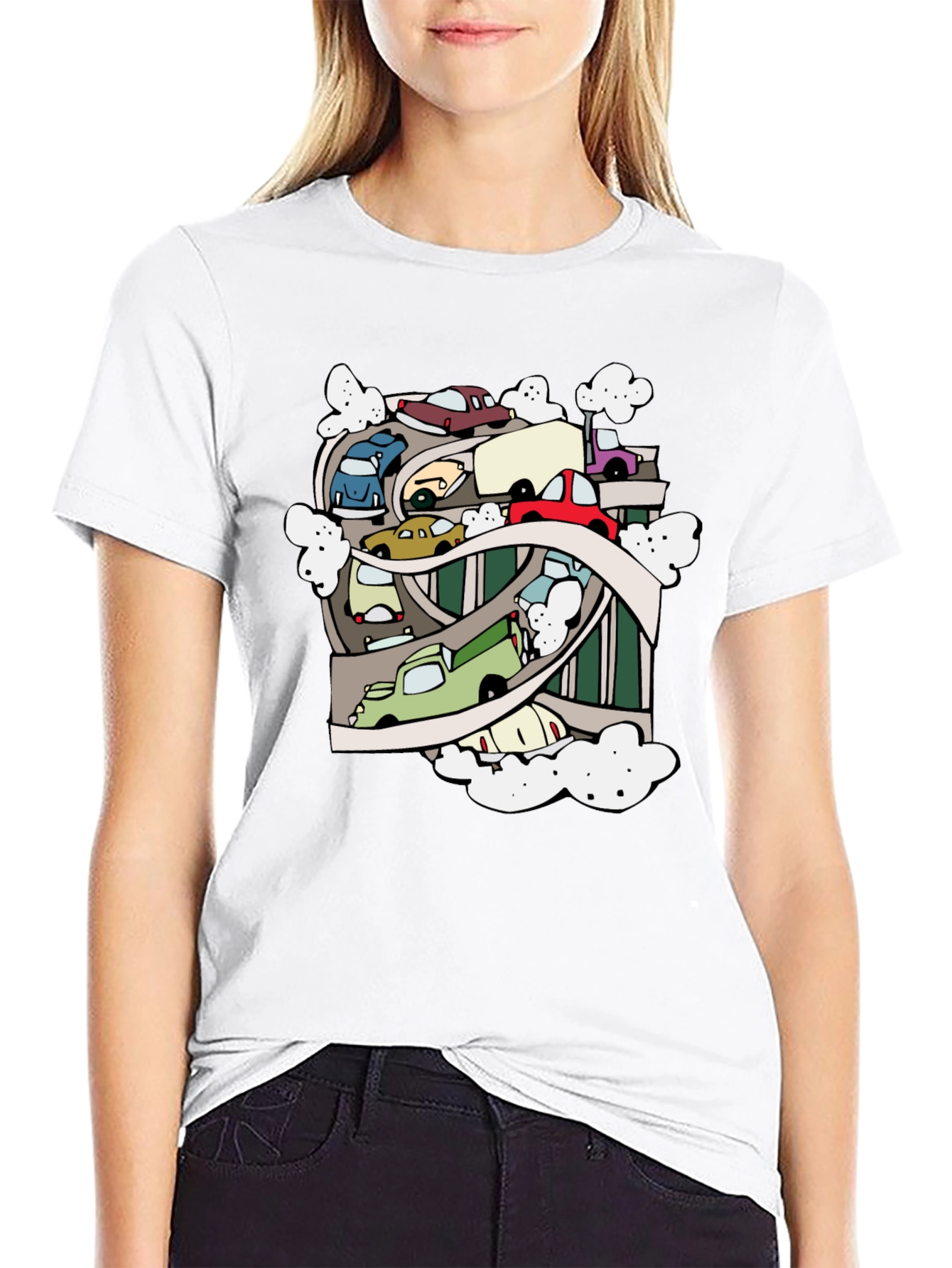 Cartoon Cars Highway Black T-Shirt