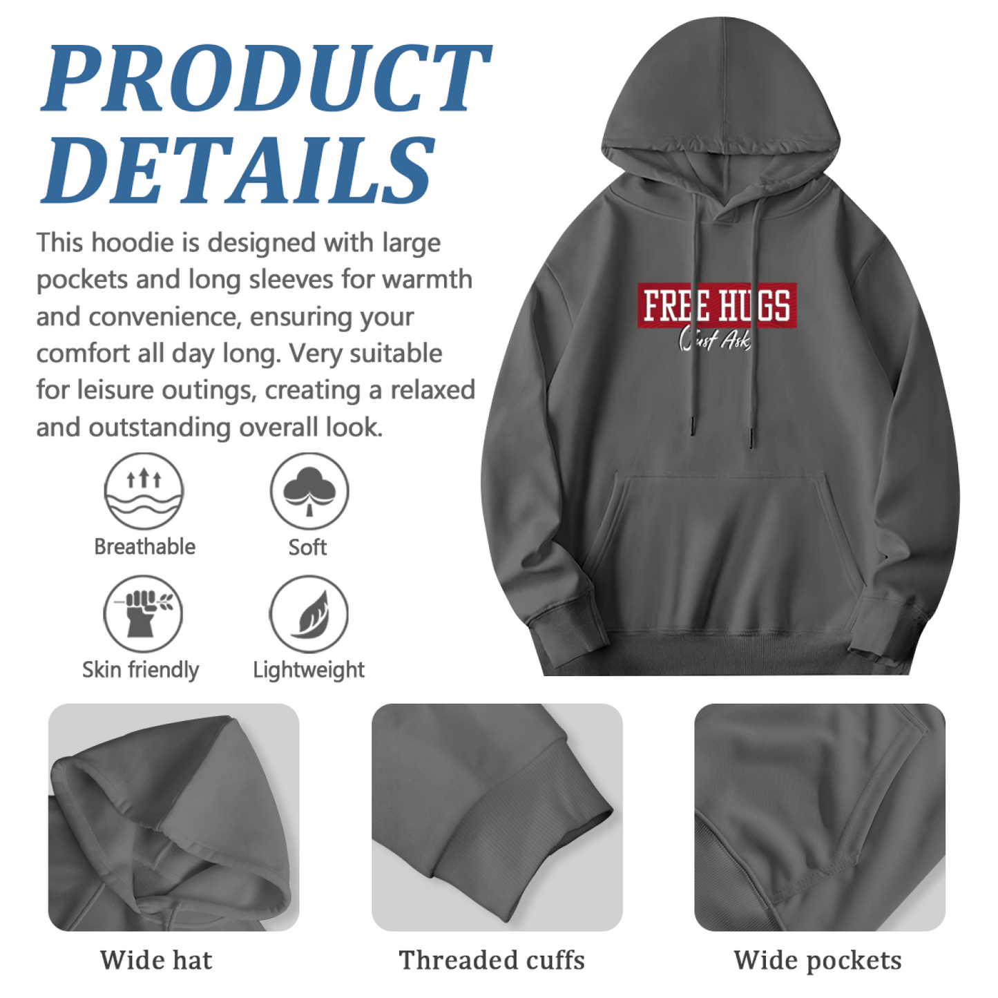 Funny Free Hugs AK Gray Hoodie, Men Edgy Casual Plush Comfort Pullover