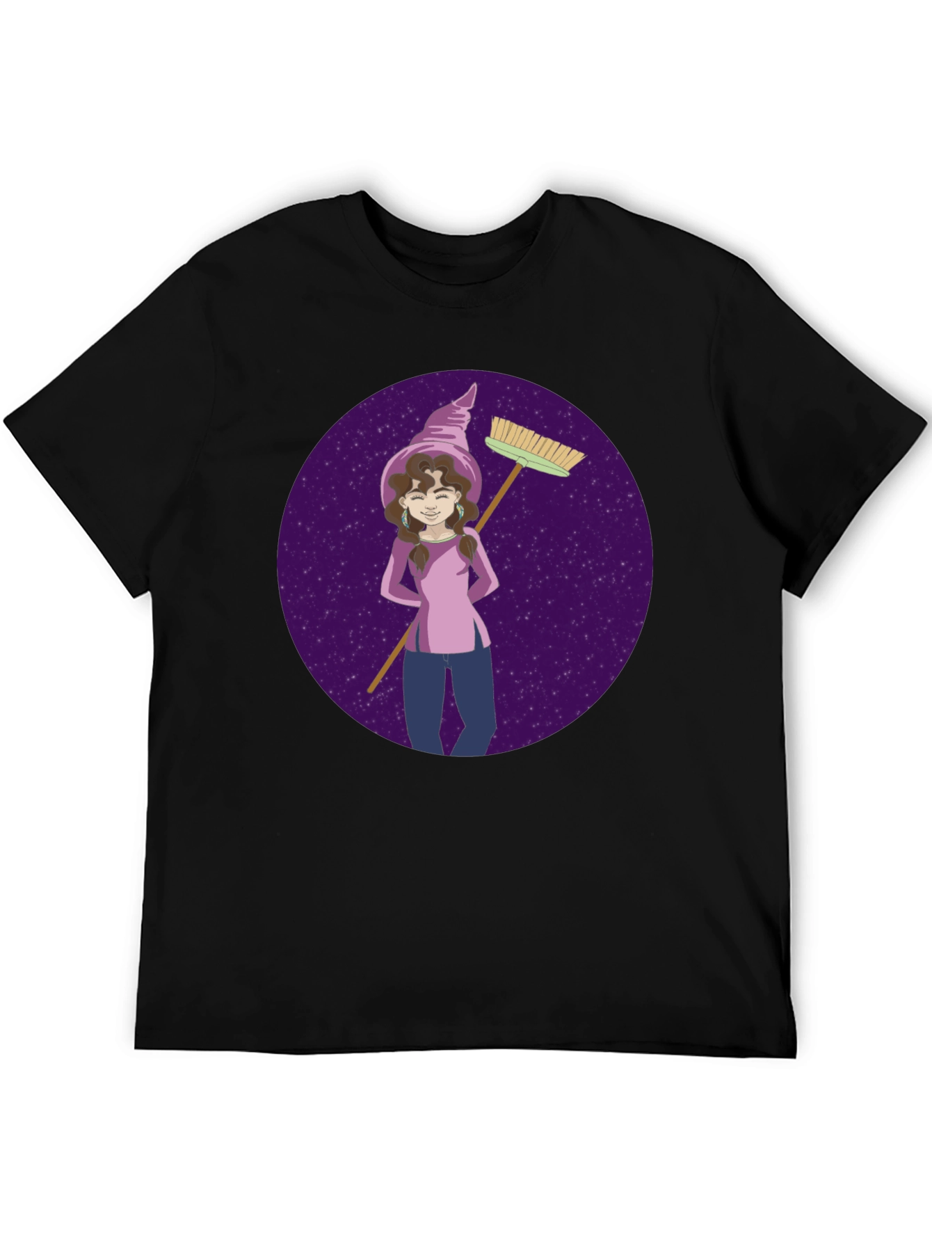 Whimsical Witch Graphic Tee - Broom & Stars Design