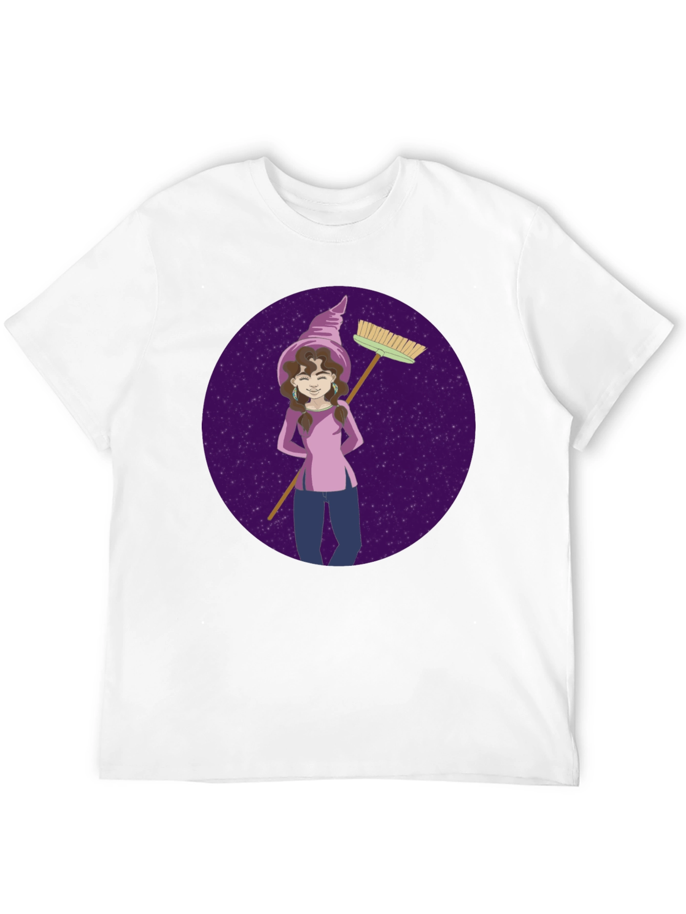Whimsical Witch Graphic Tee - Broom & Stars Design