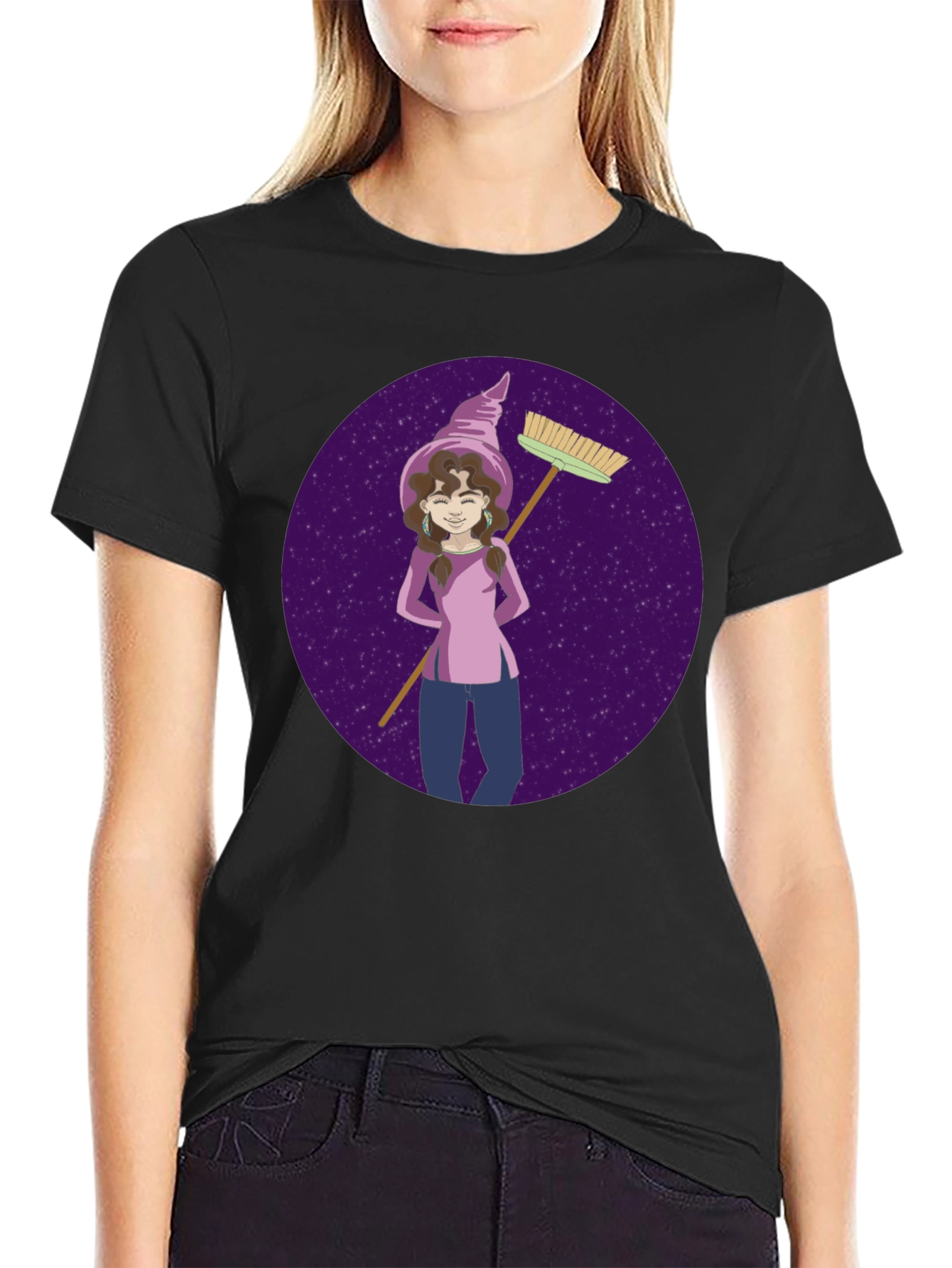 Whimsical Witch Graphic Tee - Broom & Stars Design