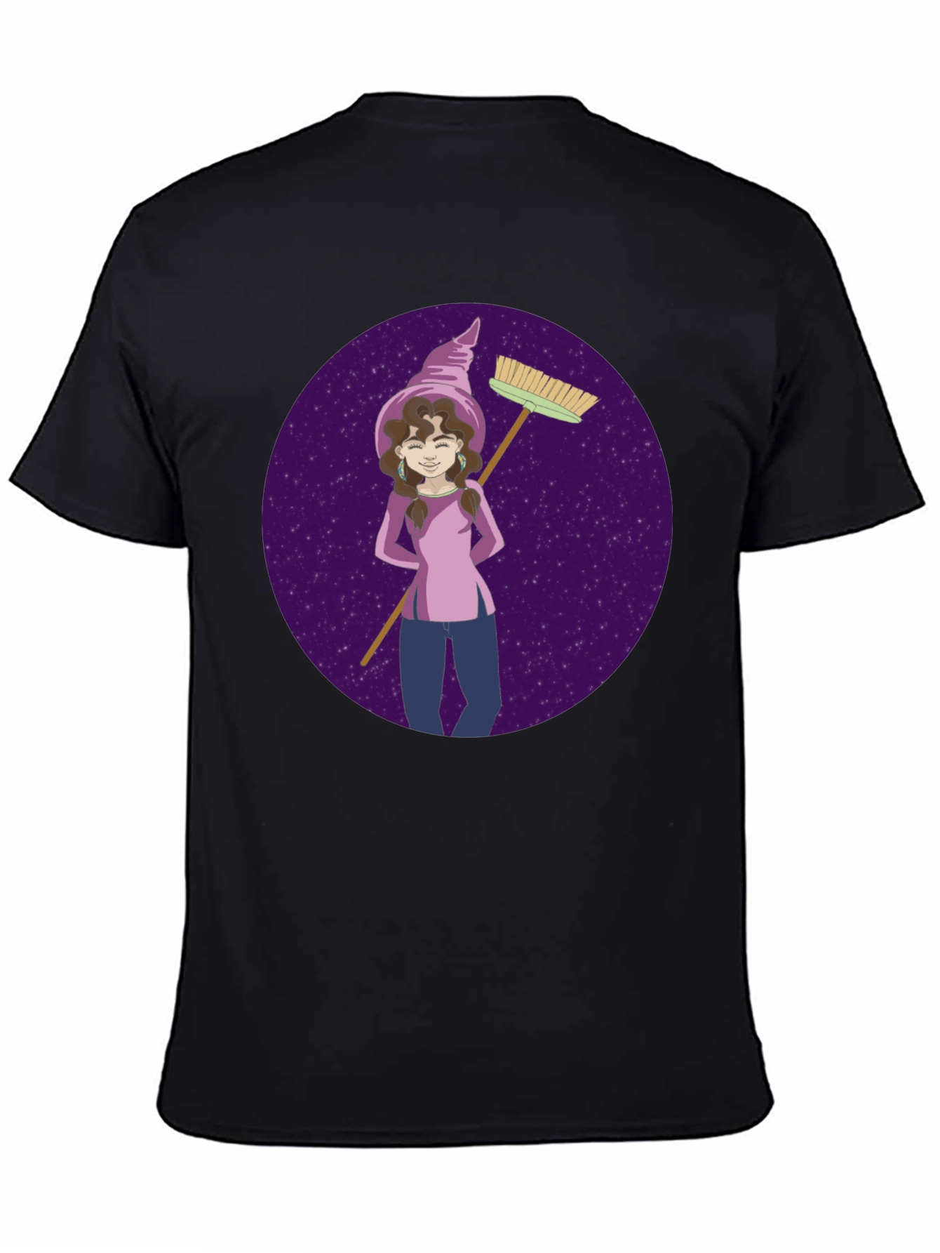 Whimsical Witch Graphic Tee - Broom & Stars Design