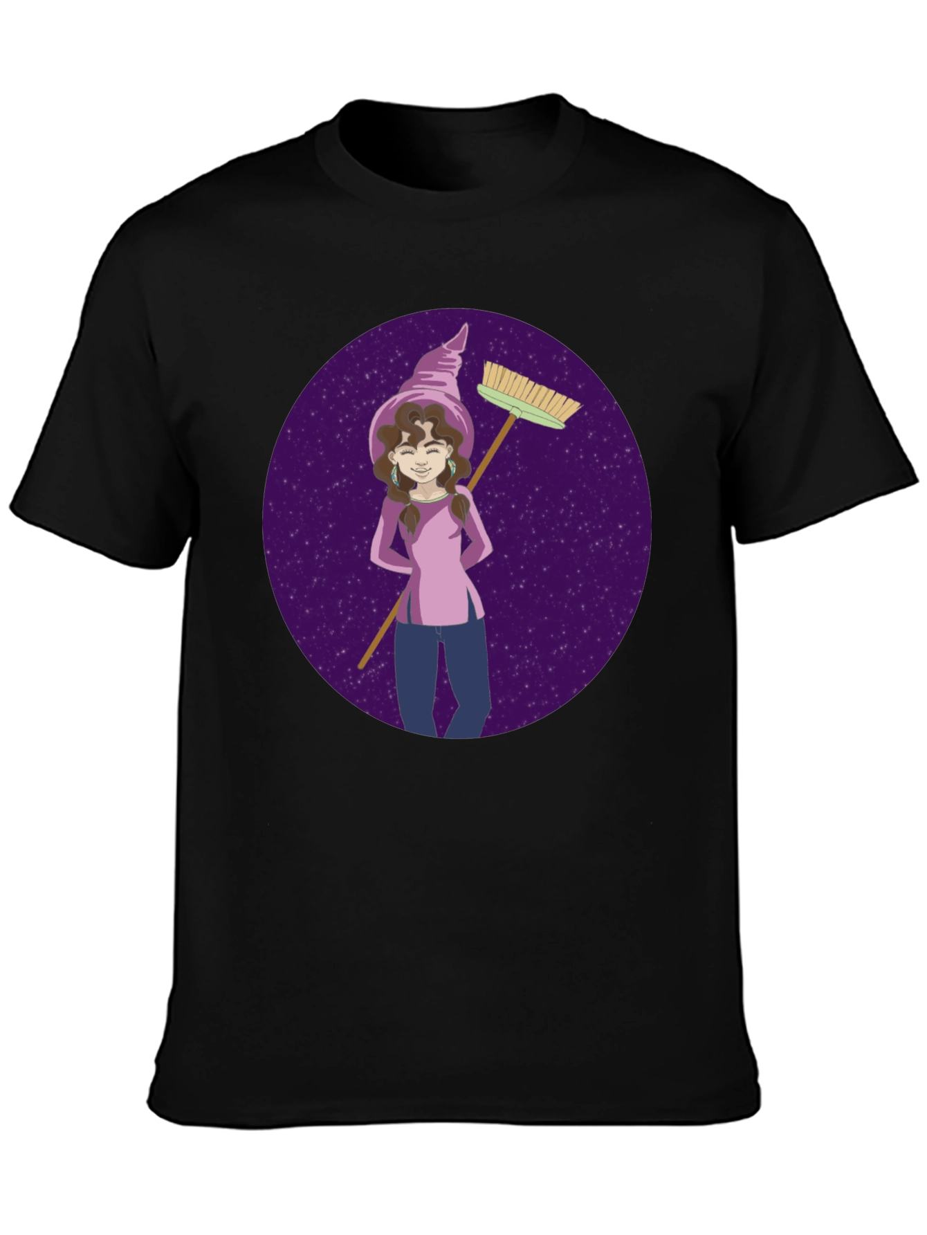 Whimsical Witch Graphic Tee - Broom & Stars Design