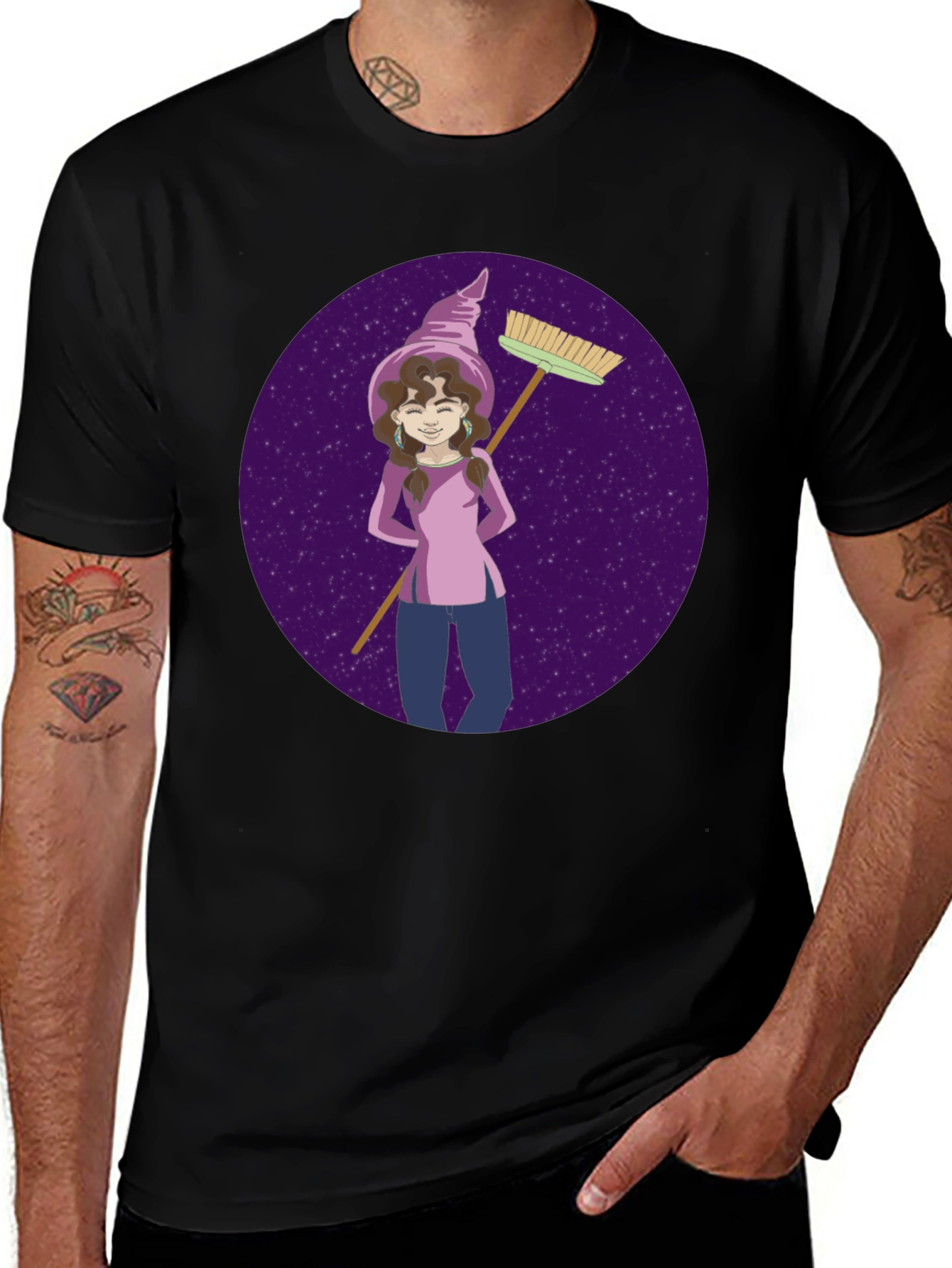 Whimsical Witch Graphic Tee - Broom & Stars Design